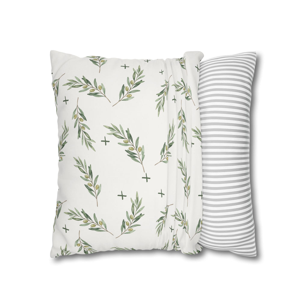 Botanical Olive Branch Square Pillowcase — Neutral Green Leaf Throw Pillow Cover