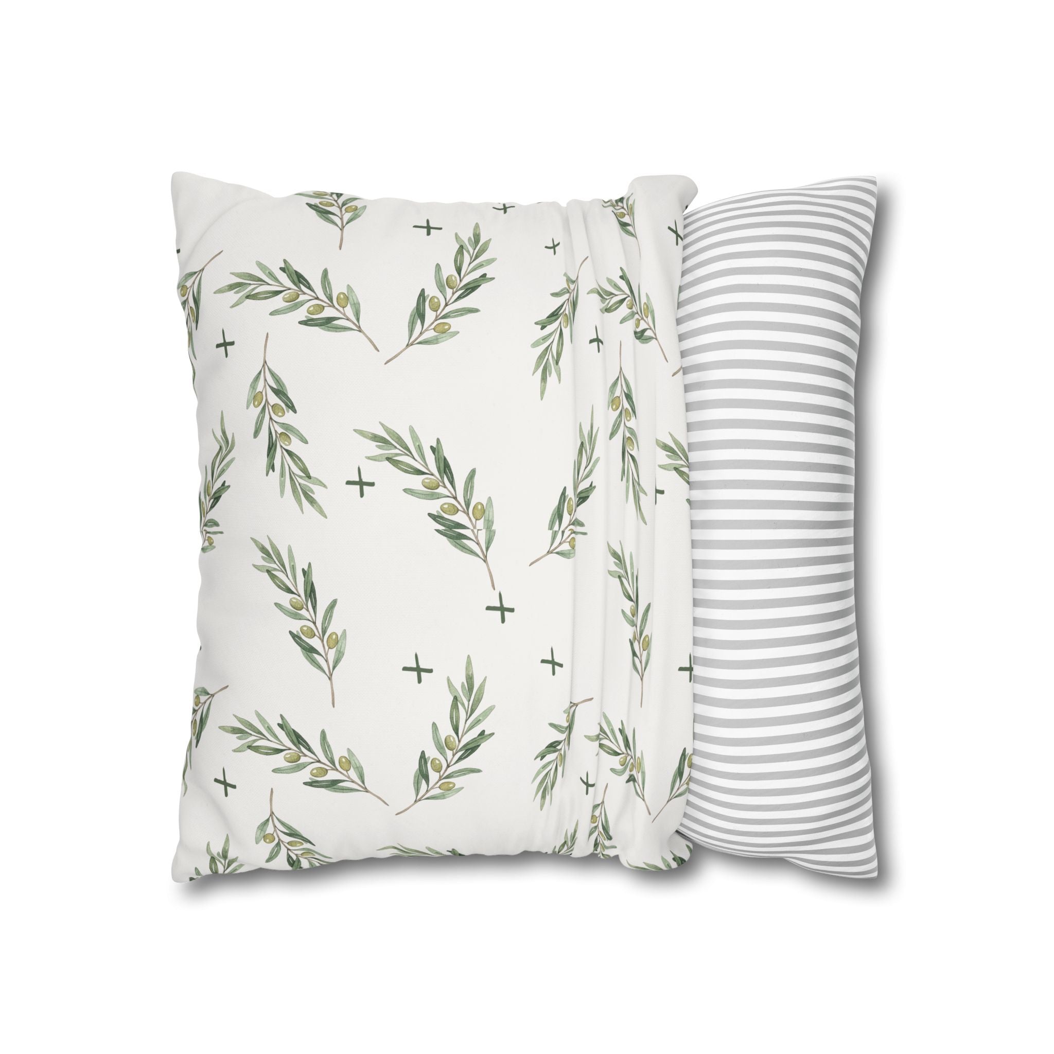 Botanical Olive Branch Square Pillowcase — Neutral Green Leaf Throw Pillow Cover