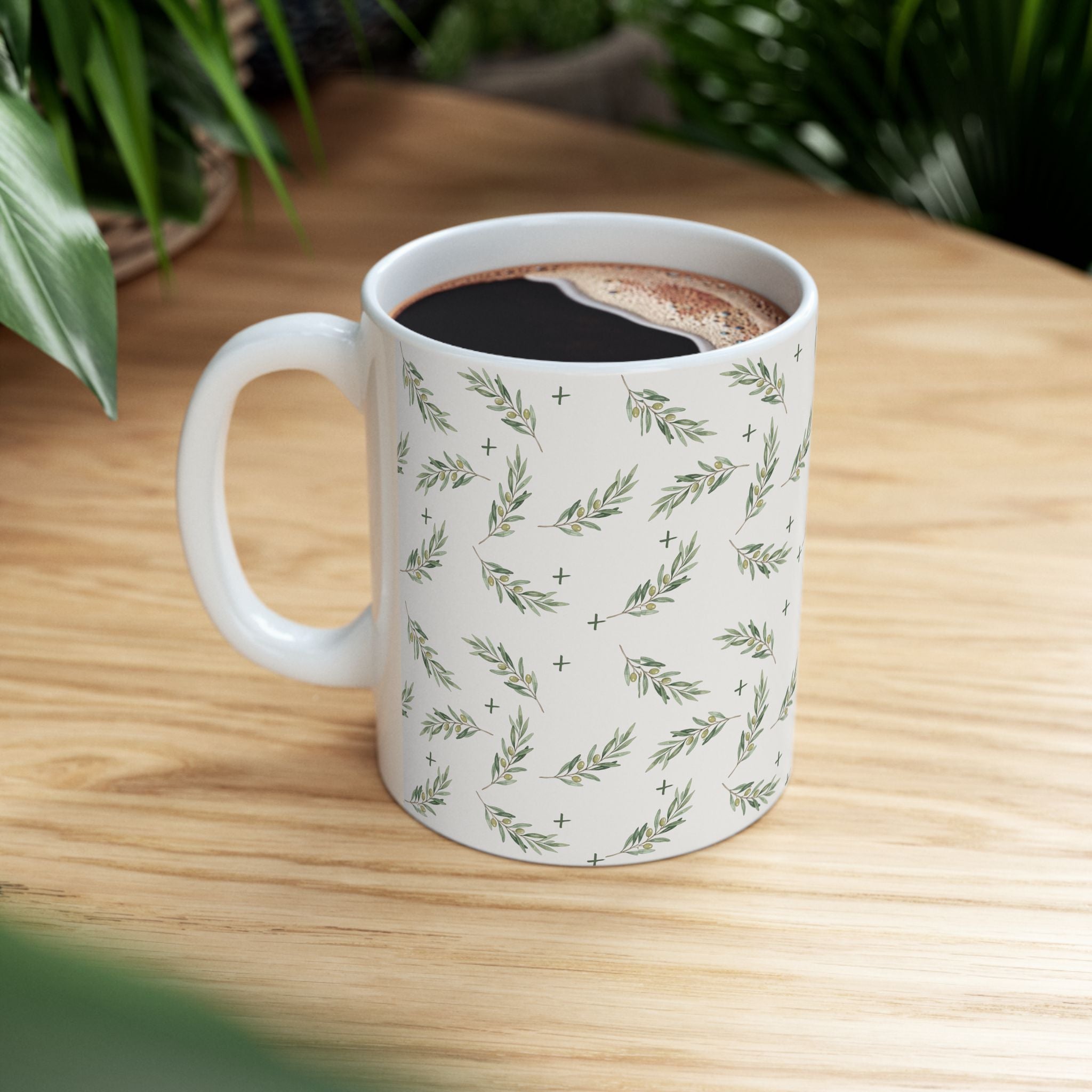 Olive Leaf Pattern Ceramic Mug — 11oz & 15oz Coffee Cup