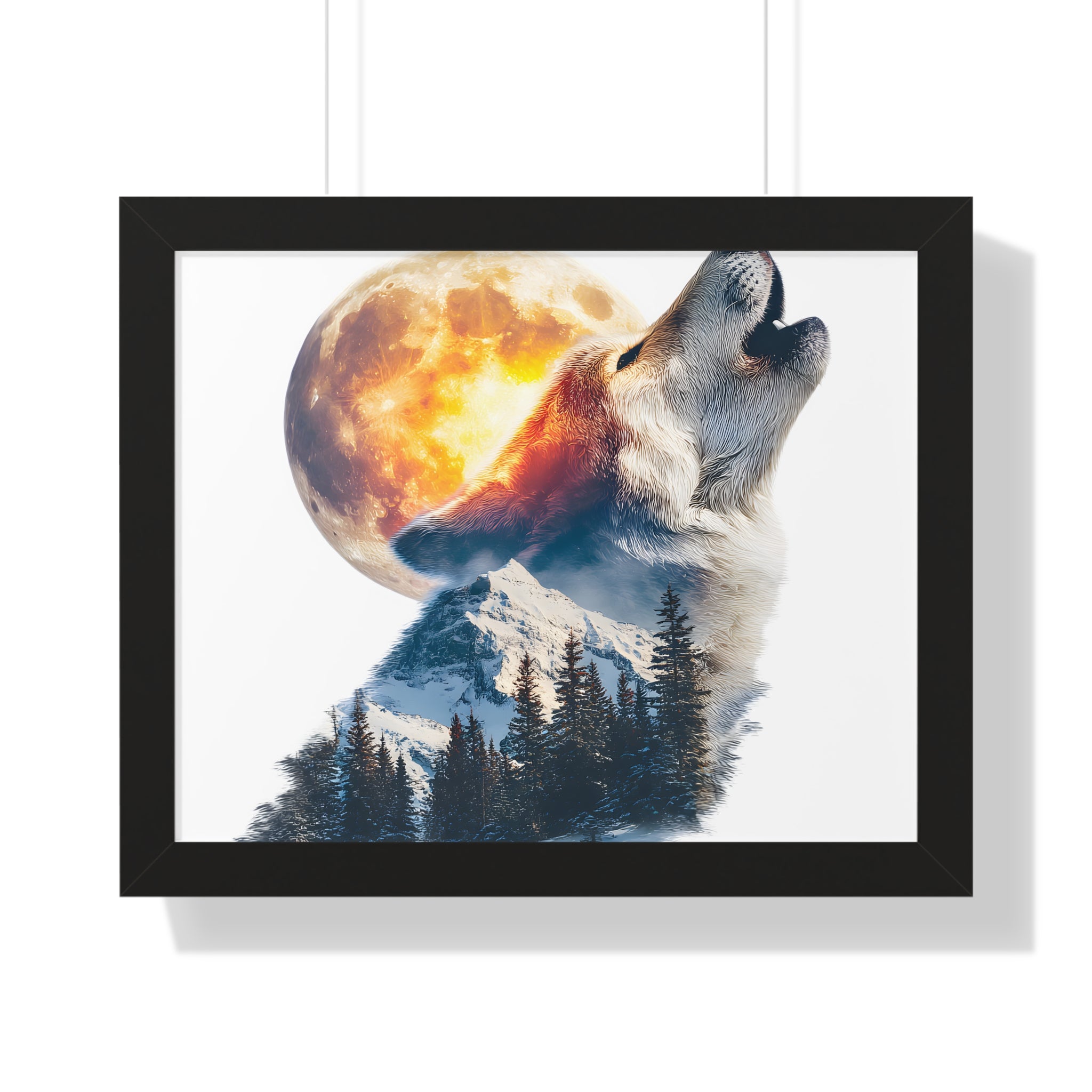 Howling Wolf & Full Moon Framed Poster — Double Exposure Wildlife Print