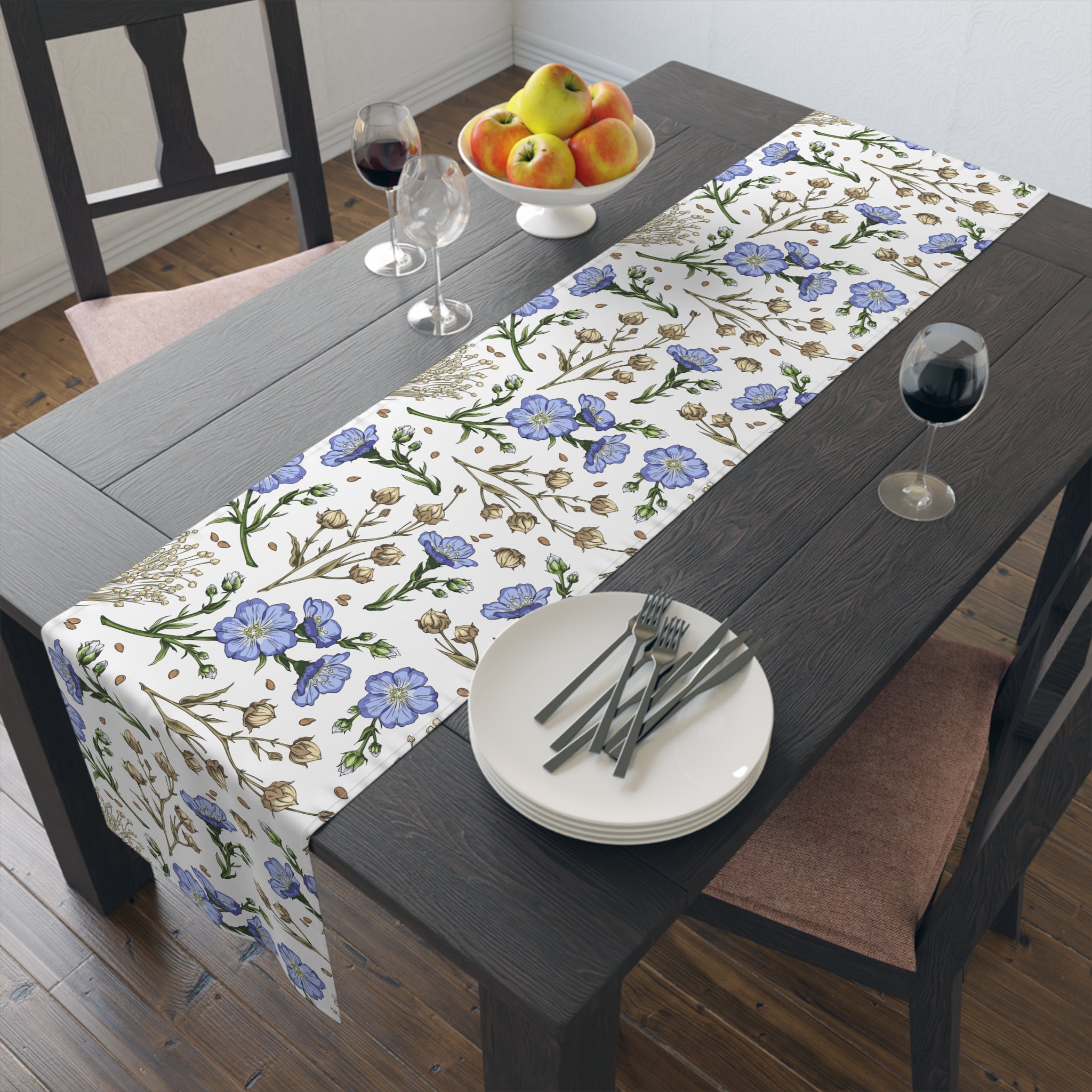 Blue Wildflower Table Runner — Floral Cotton-Blend Table Decor for Spring & Everyday
