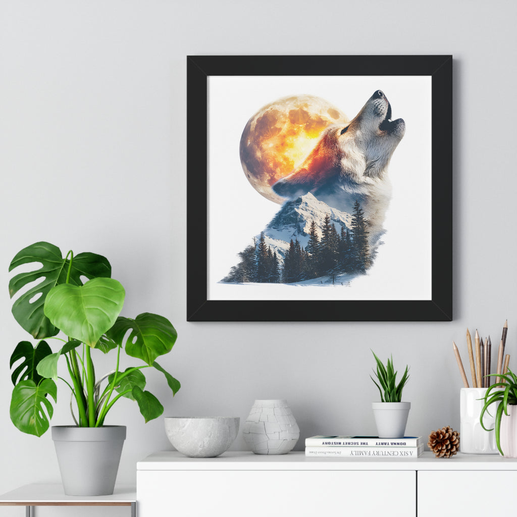 Howling Wolf & Full Moon Framed Poster — Double Exposure Wildlife Print
