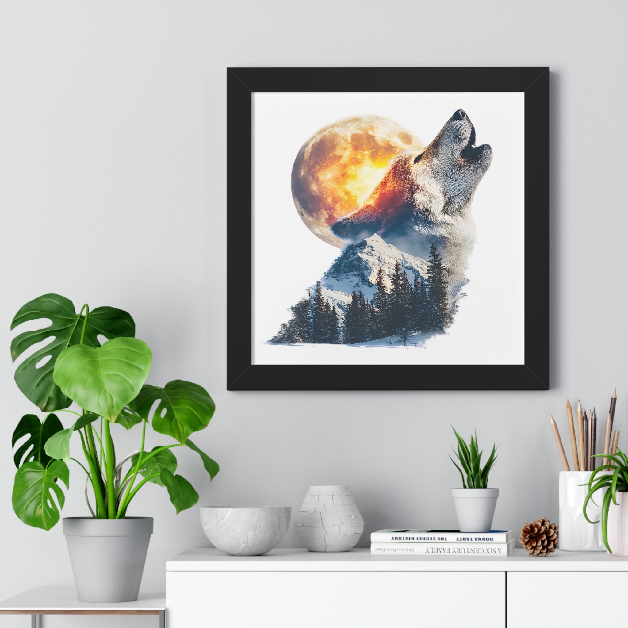 Howling Wolf & Full Moon Framed Poster — Double Exposure Wildlife Print