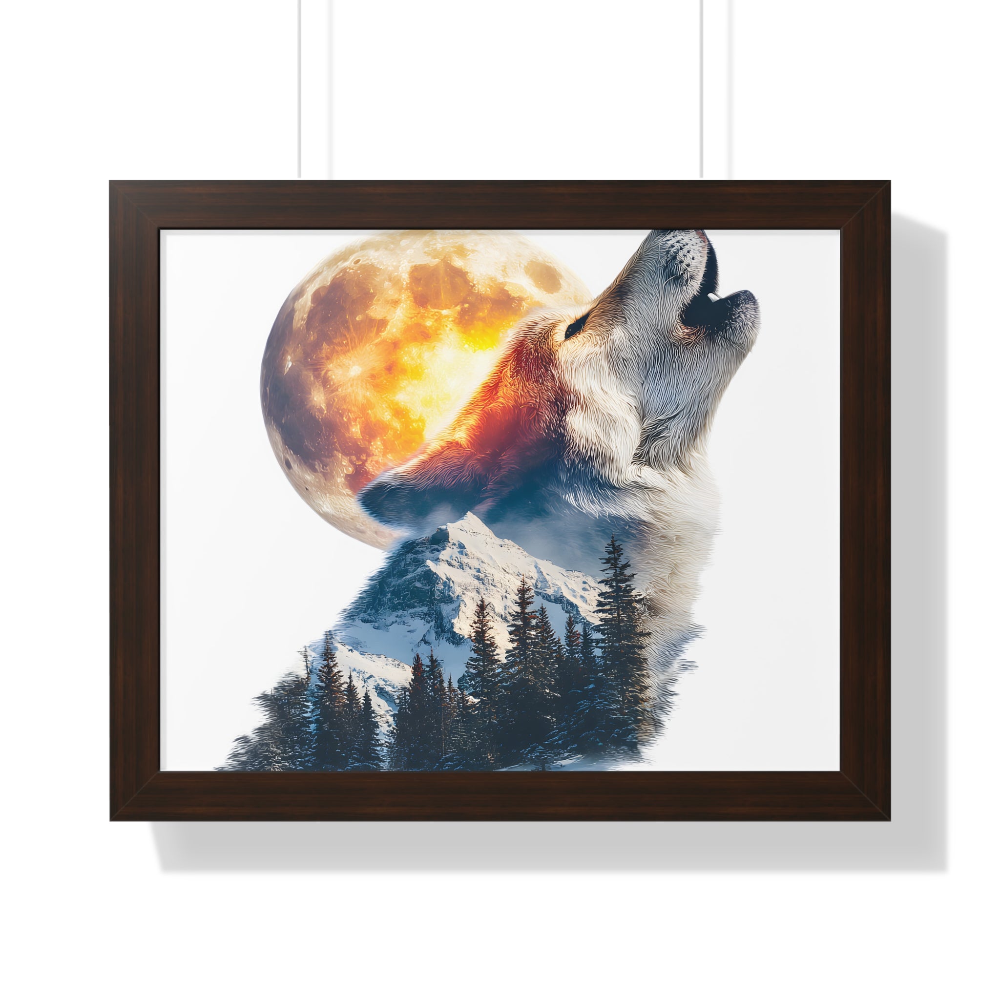 Howling Wolf & Full Moon Framed Poster — Double Exposure Wildlife Print