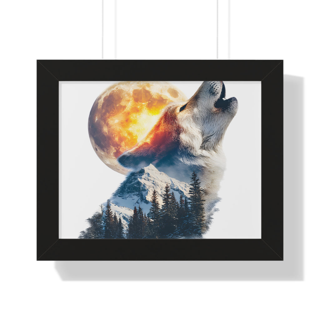 Howling Wolf & Full Moon Framed Poster — Double Exposure Wildlife Print