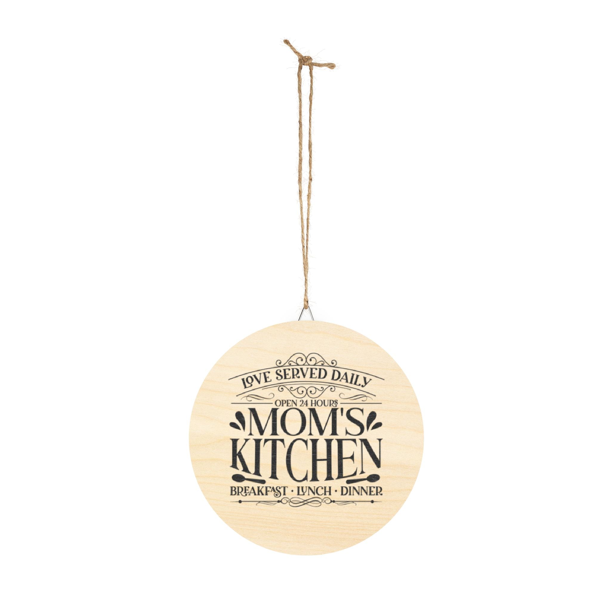 Mom's Kitchen Wood Sign – "Love Served Daily" Rustic Round Wall Decor
