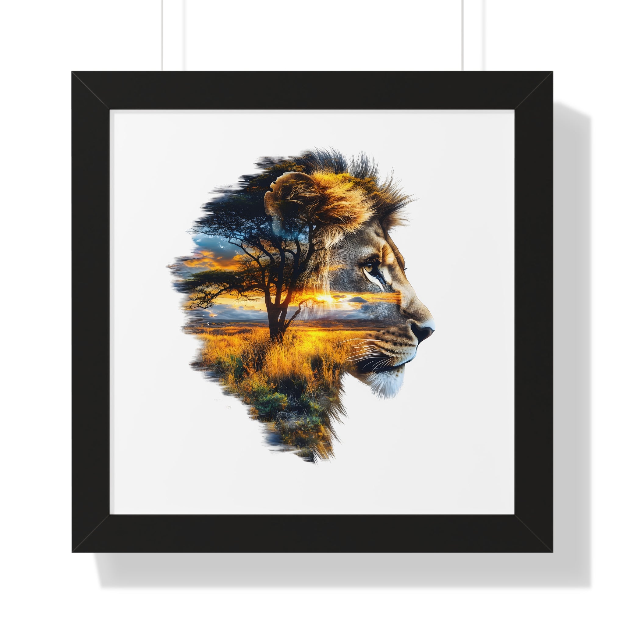 African Lion Double Exposure Framed Poster — Wildlife Art Print