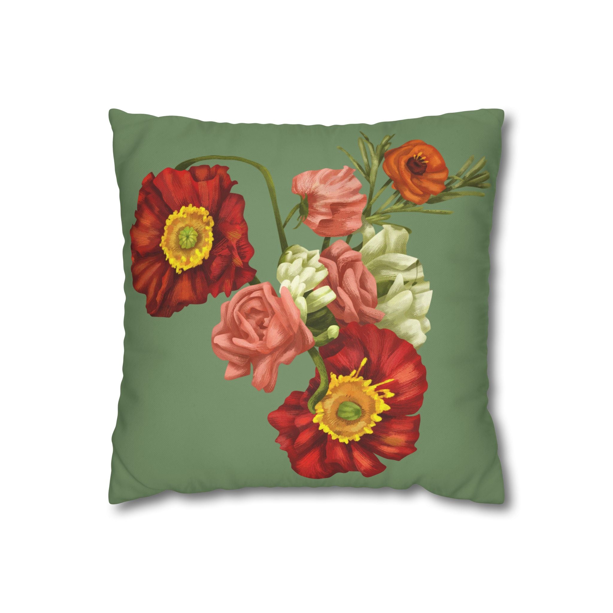 Botanical Poppies Floral Square Pillowcase — Green Floral Canvas Throw Pillow Cover