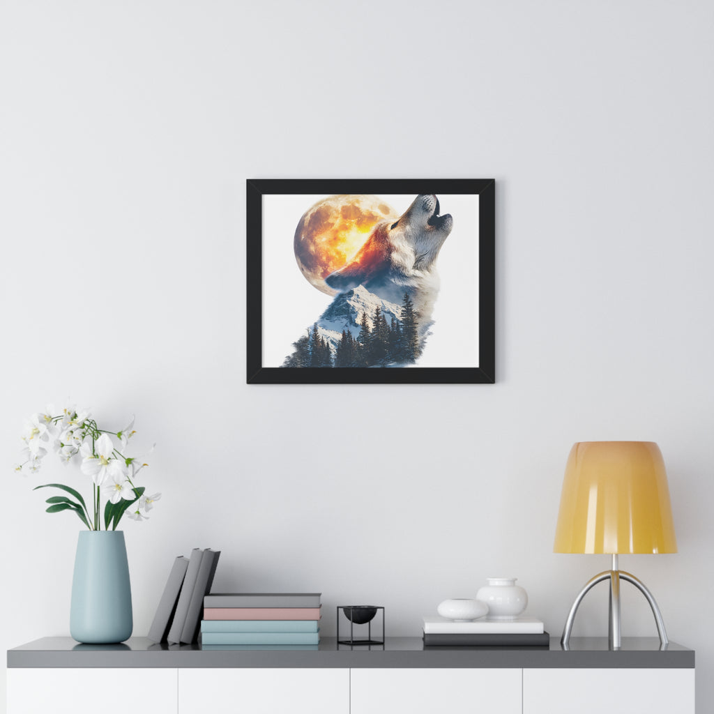 Howling Wolf & Full Moon Framed Poster — Double Exposure Wildlife Print