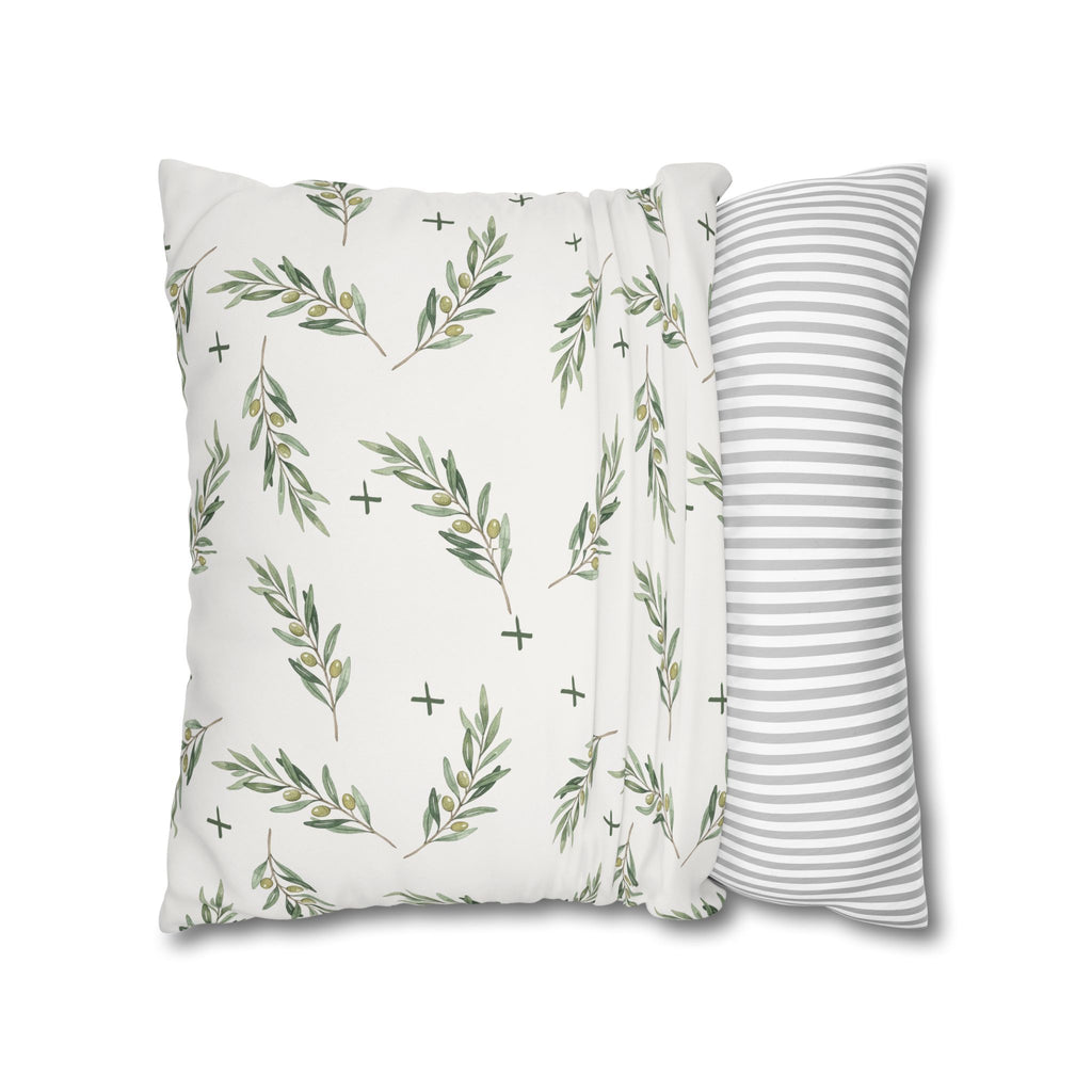 Botanical Olive Branch Square Pillowcase — Neutral Green Leaf Throw Pillow Cover