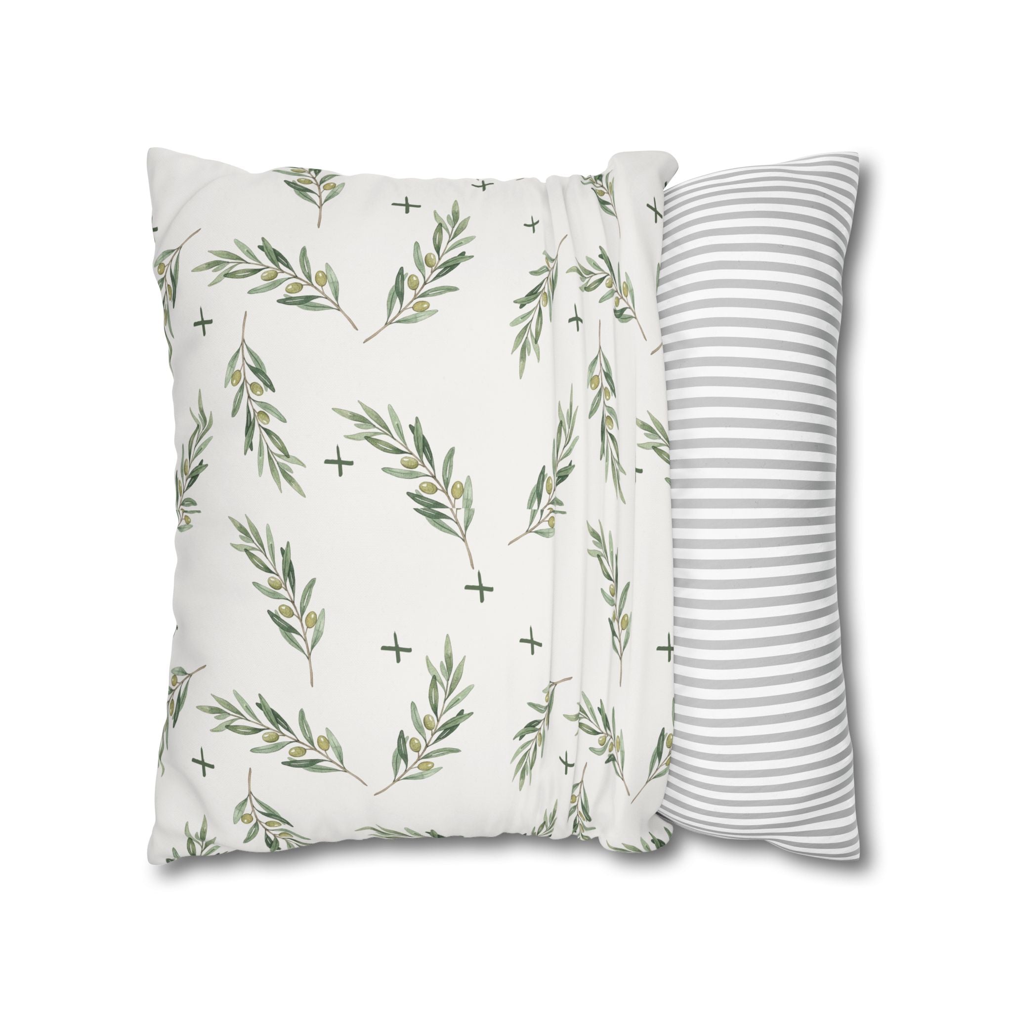 Botanical Olive Branch Square Pillowcase — Neutral Green Leaf Throw Pillow Cover