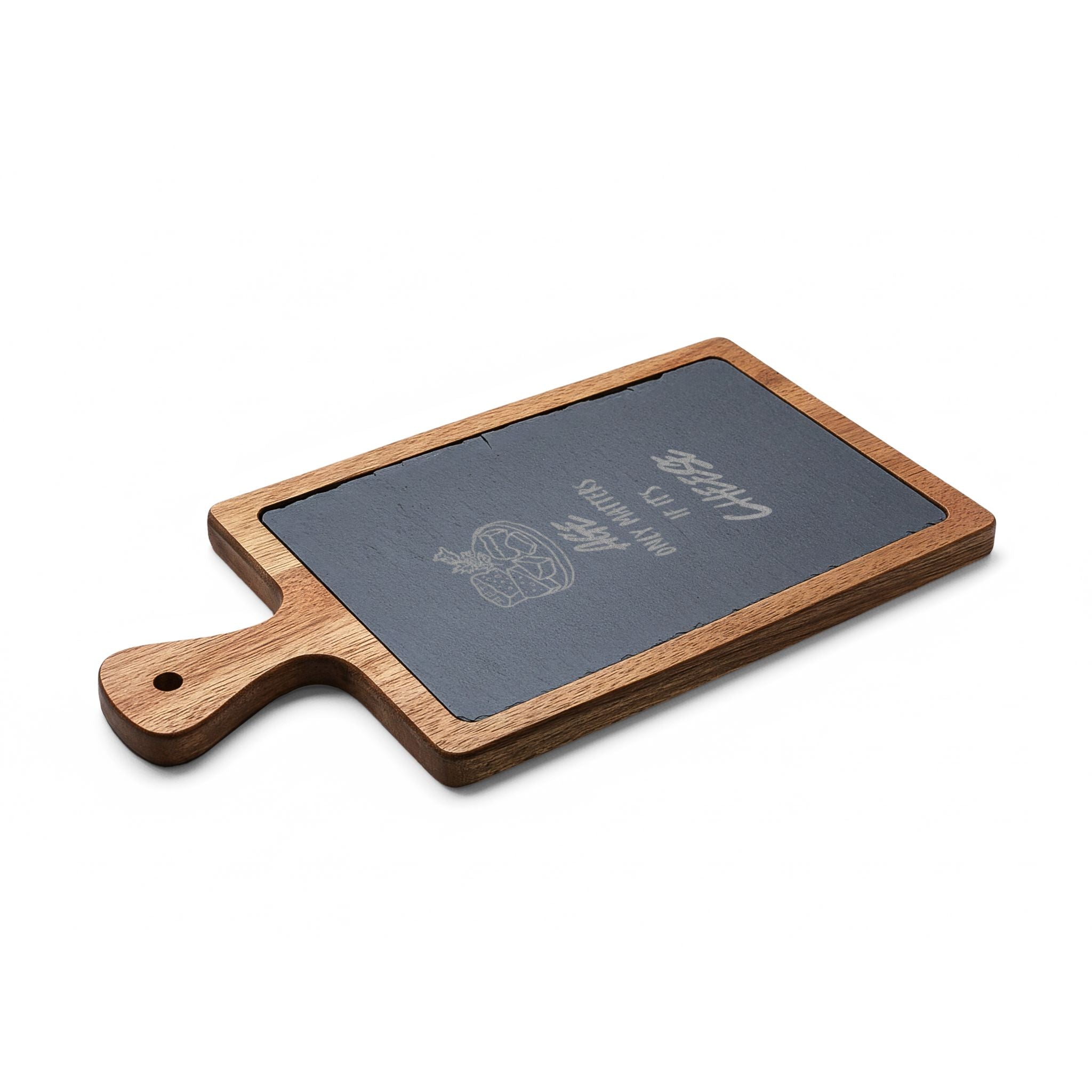 Engraved Acacia Charcuterie Board with Slate Round — "Age Only Matters If It’s Cheese"