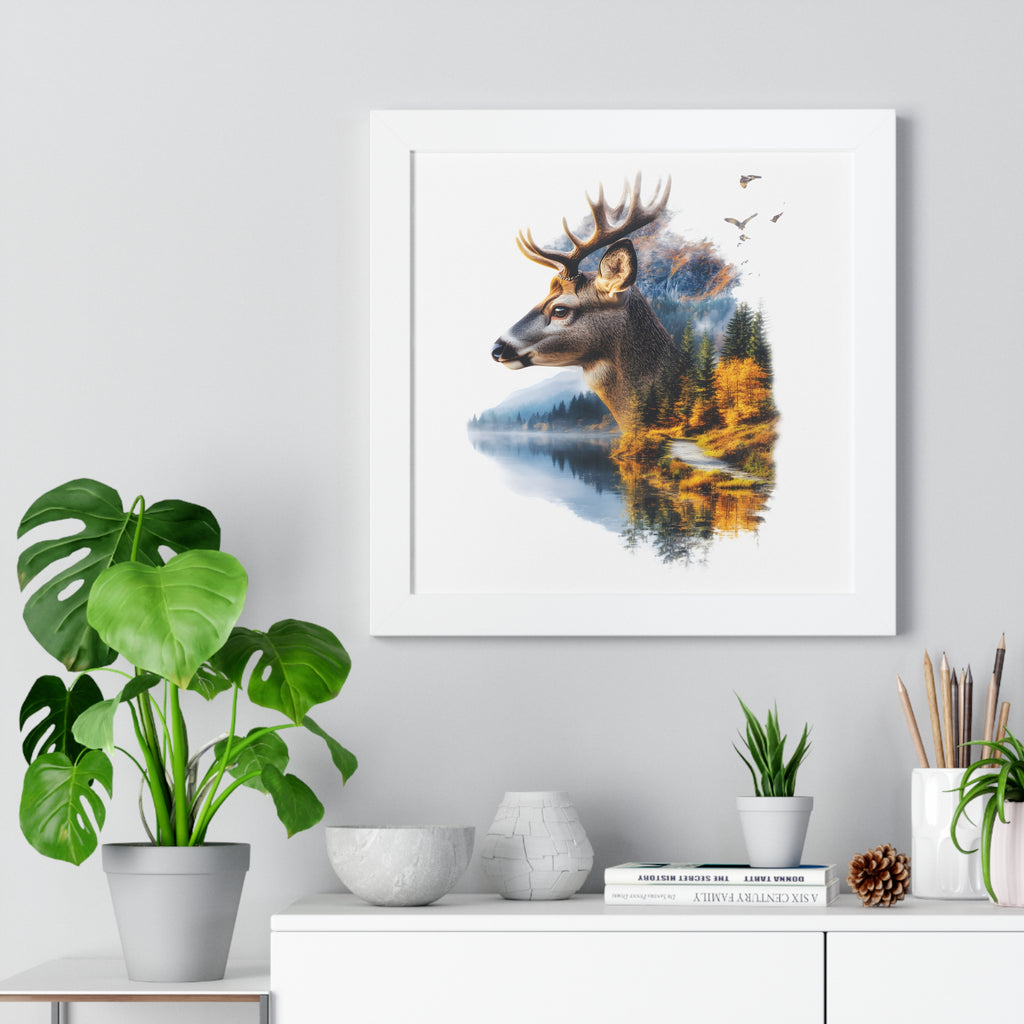 Double Exposure Deer & Forest Framed Poster — Wildlife Wall Art