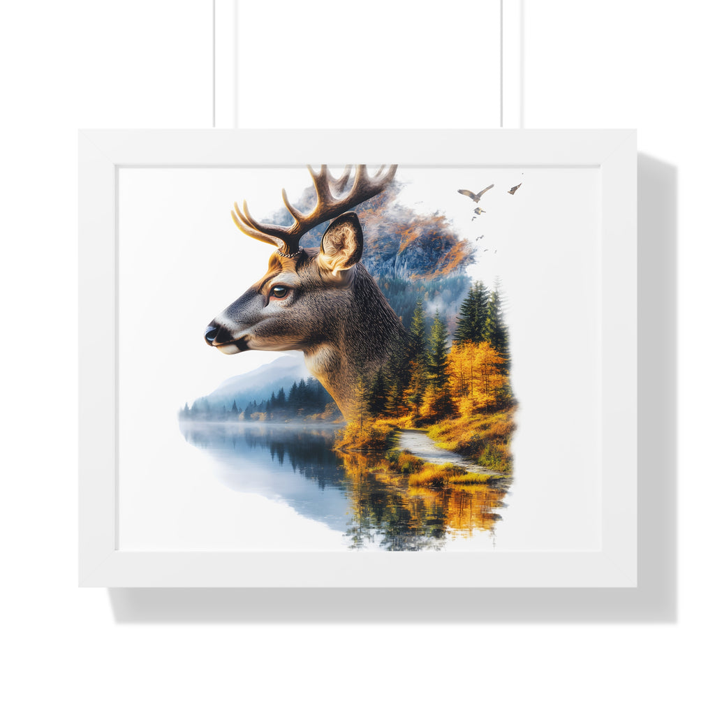 Double Exposure Deer & Forest Framed Poster — Wildlife Wall Art