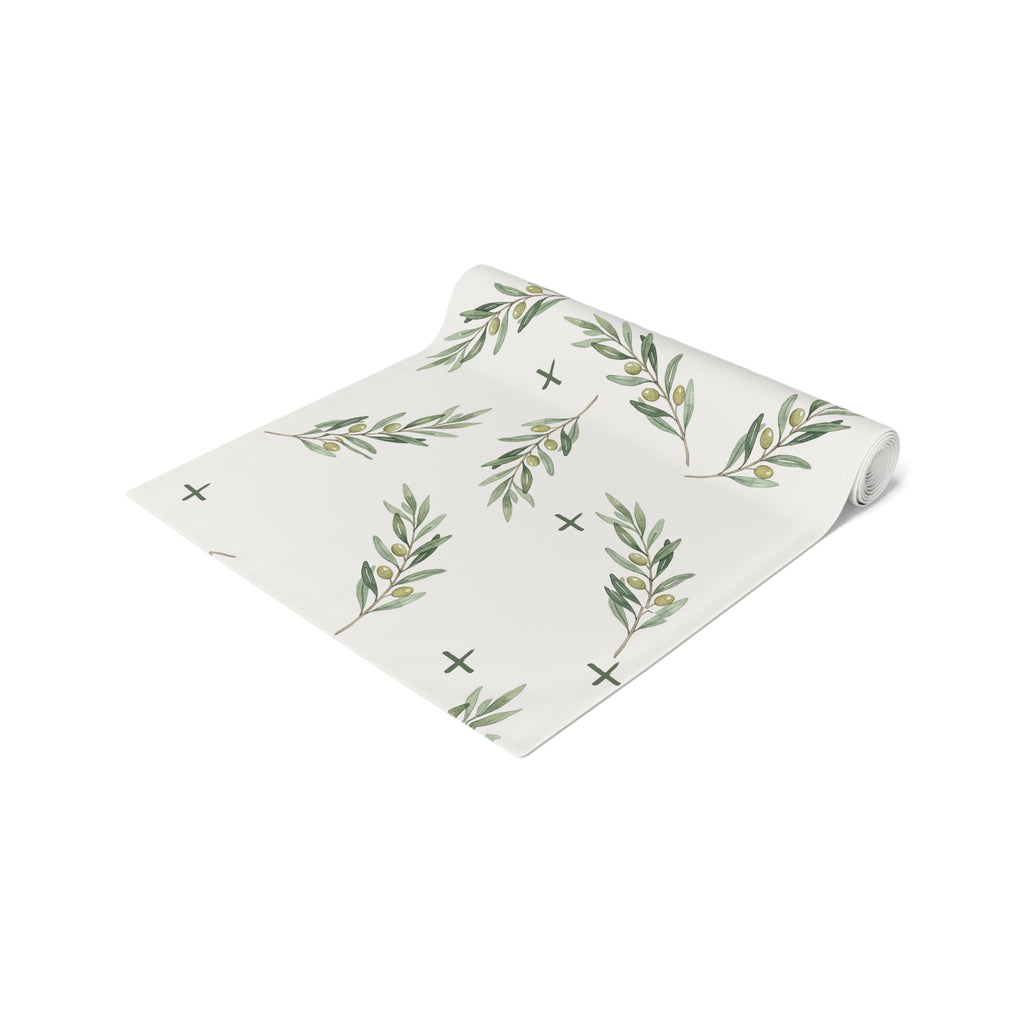 Olive Branch Cotton-Poly Table Runner — Rustic Mediterranean Dining Decor