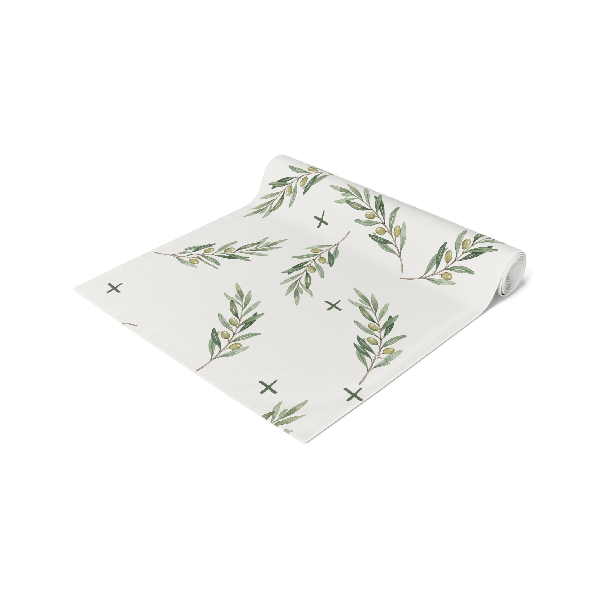 Olive Branch Cotton-Poly Table Runner — Rustic Mediterranean Dining Decor