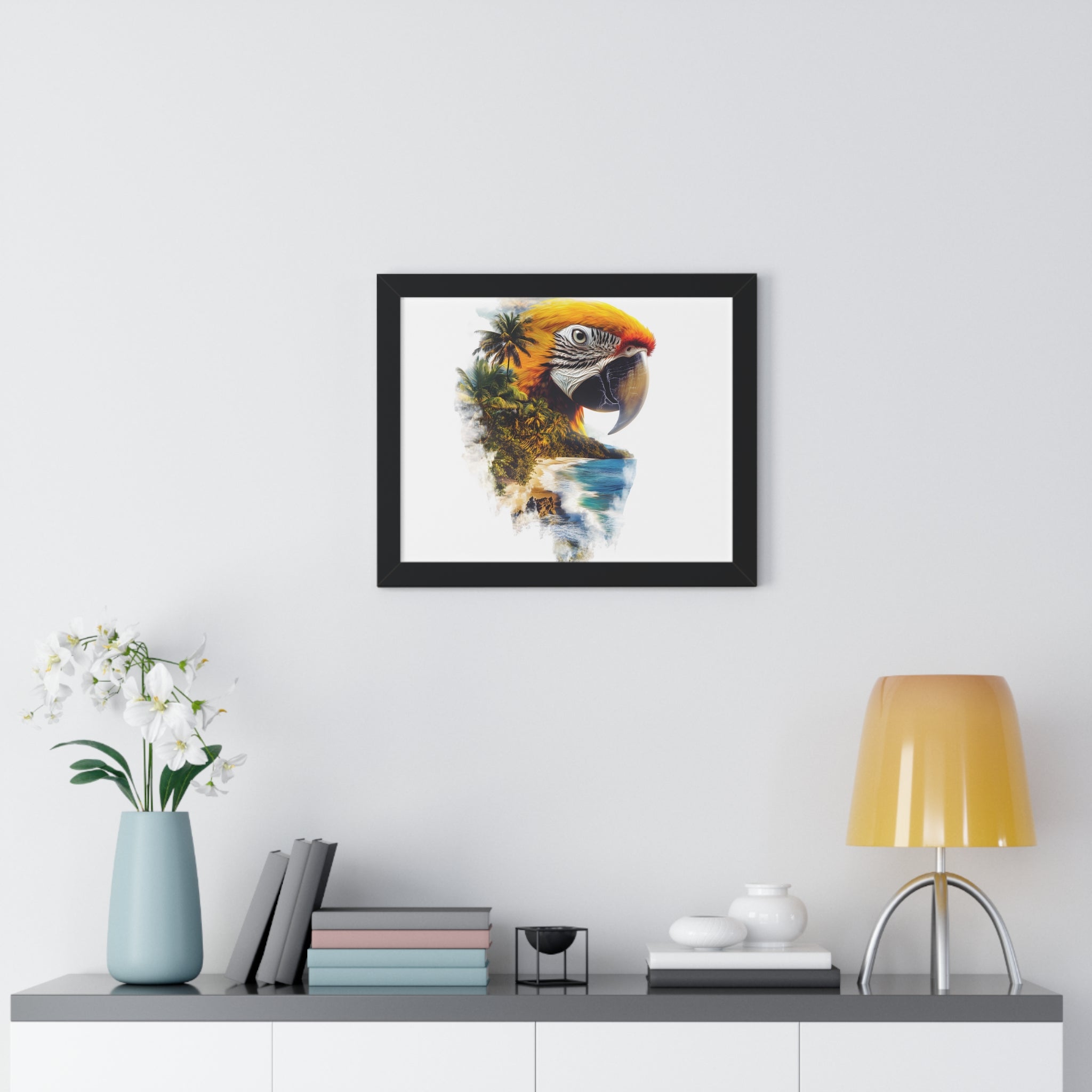 Framed Poster — Double Exposure Parrot & Tropical Island Print