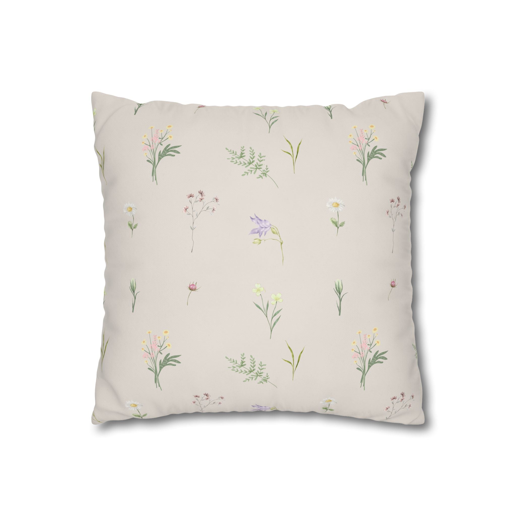 Cottage Wildflowers Square Poly Canvas Pillowcase — Floral Country Throw Pillow