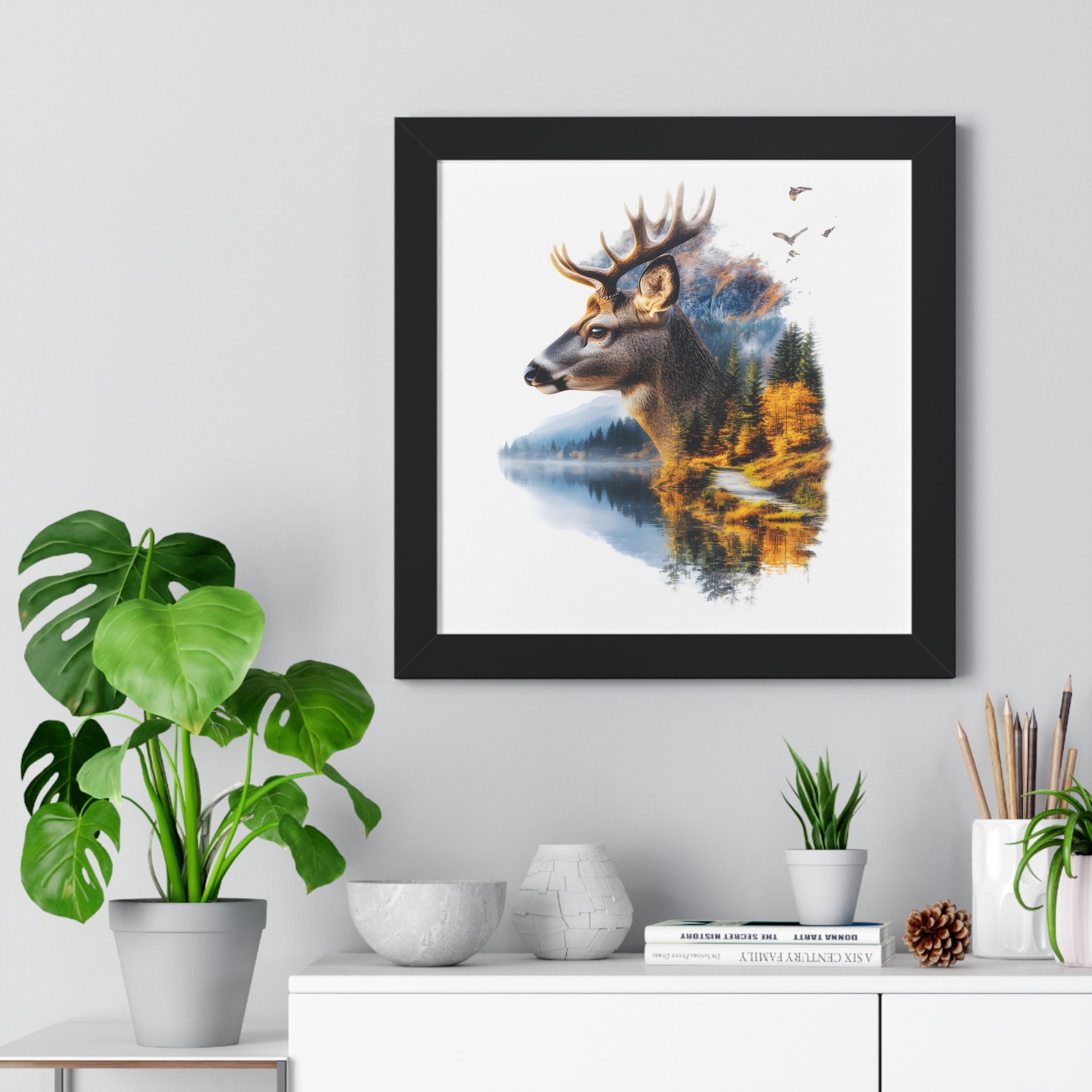 Double Exposure Deer & Forest Framed Poster — Wildlife Wall Art