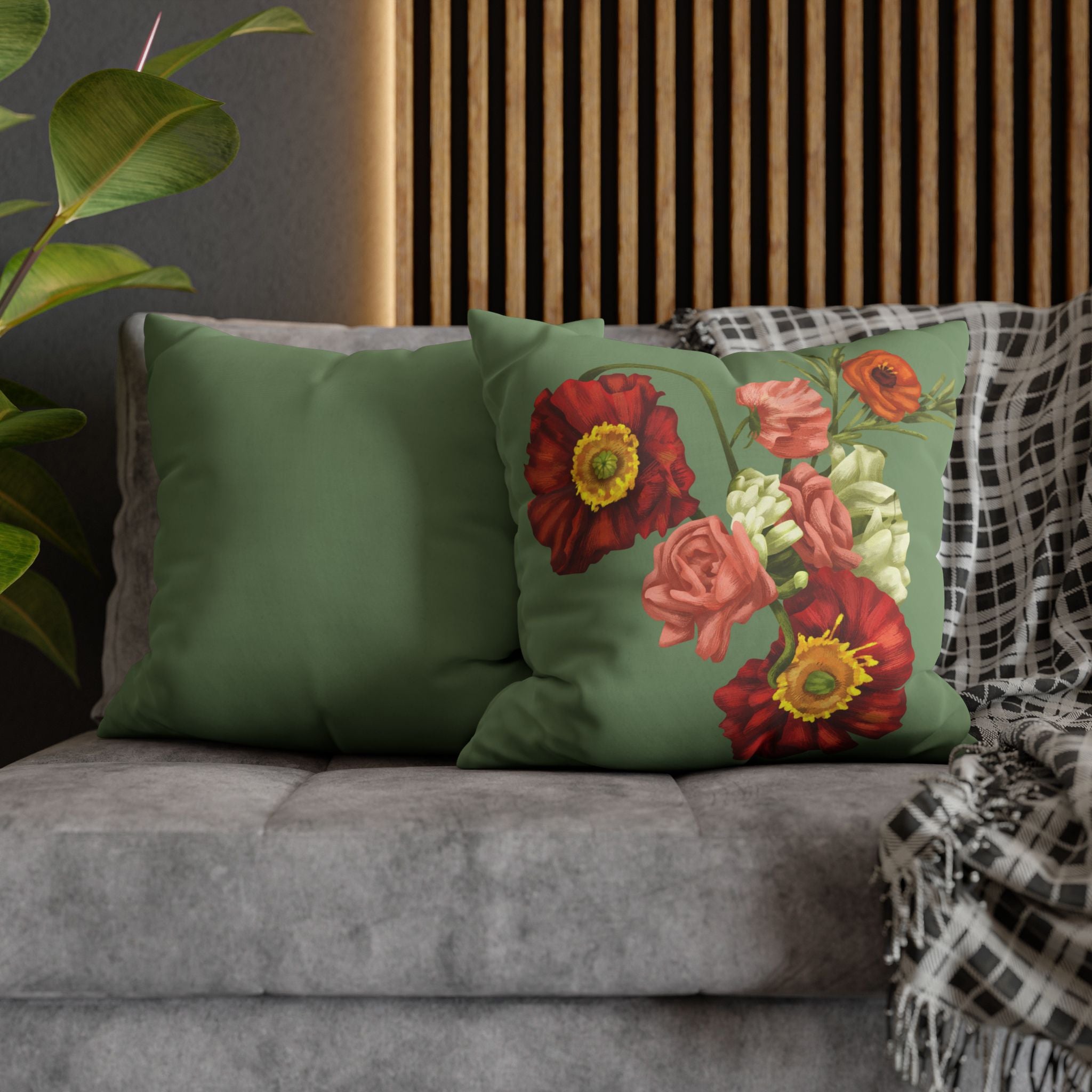 Botanical Poppies Floral Square Pillowcase — Green Floral Canvas Throw Pillow Cover