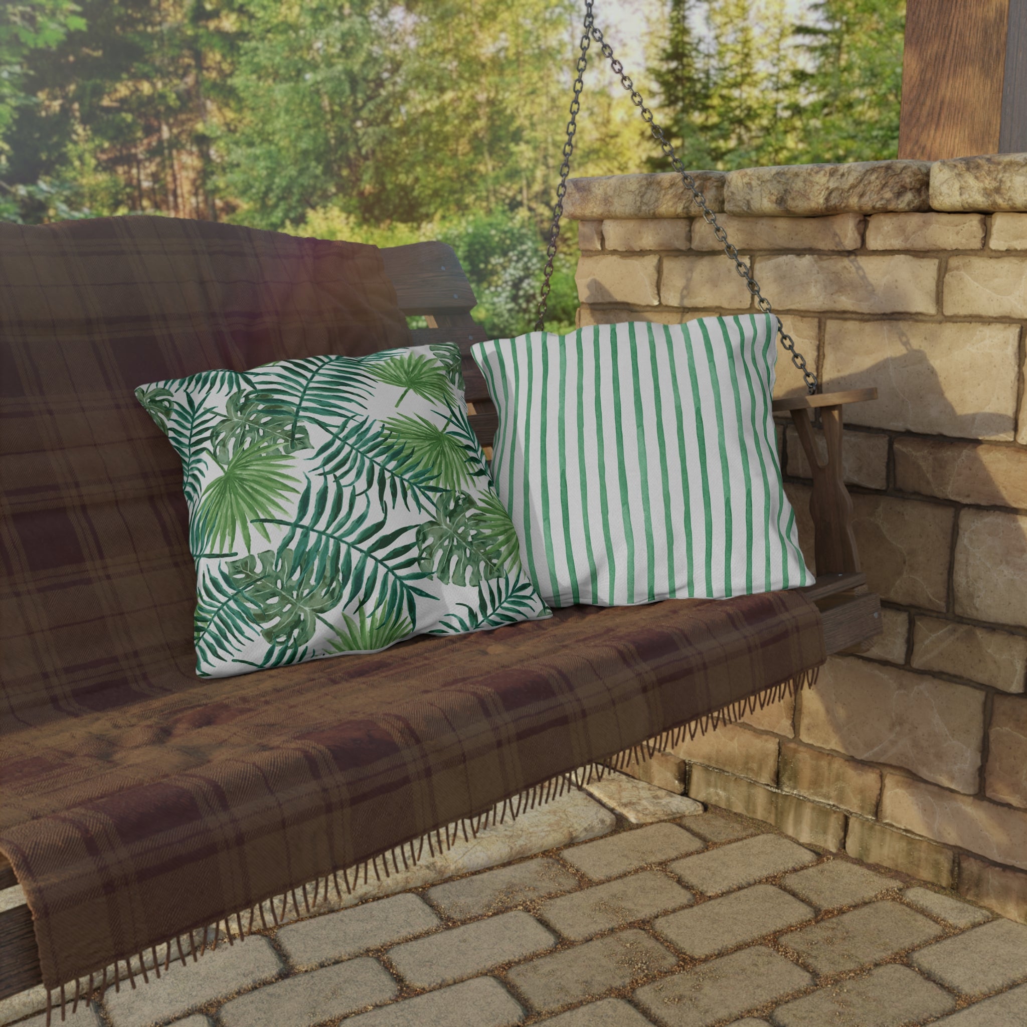 Tropical Palm Print Outdoor Pillow – Green Leaf & Striped Patio Cushion