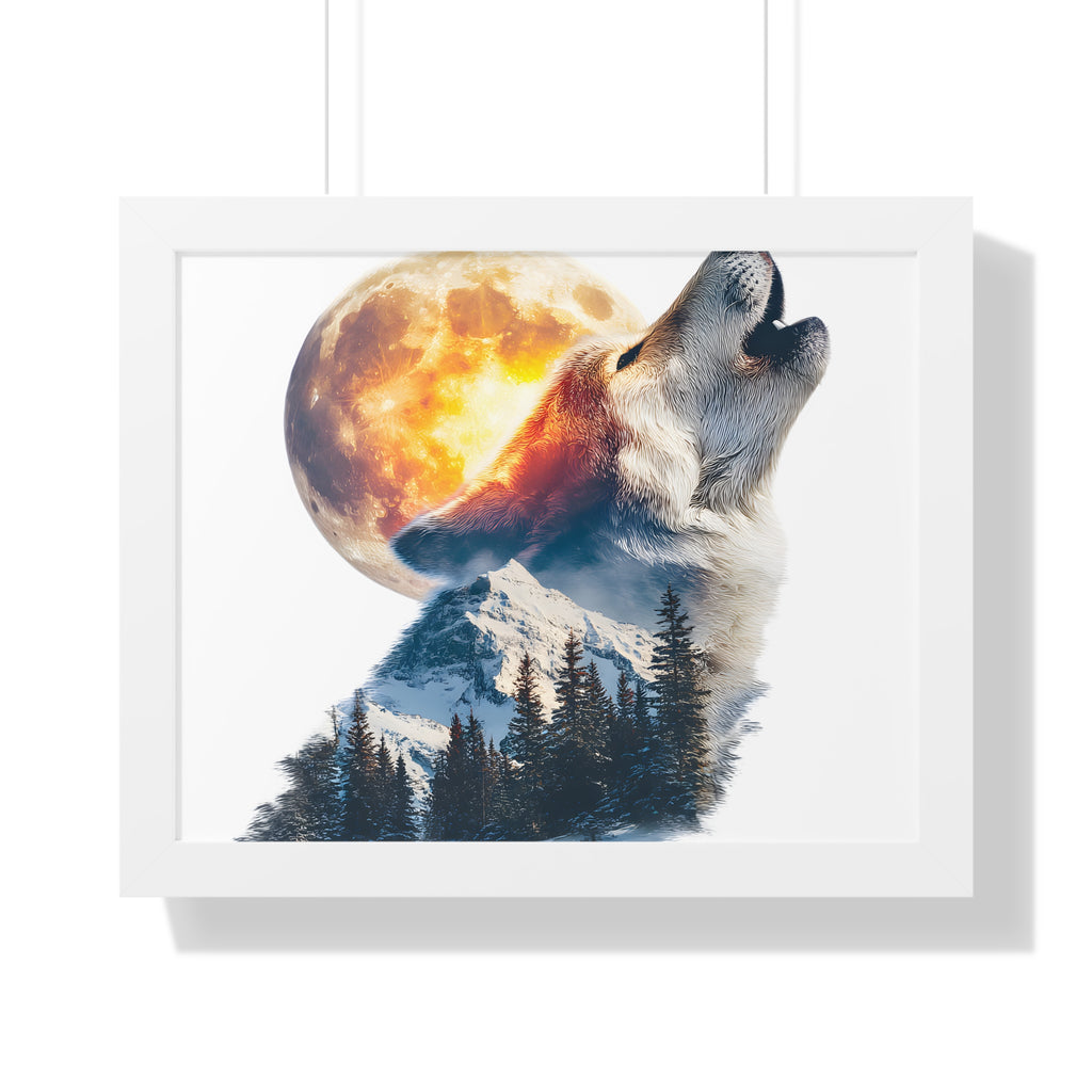 Howling Wolf & Full Moon Framed Poster — Double Exposure Wildlife Print