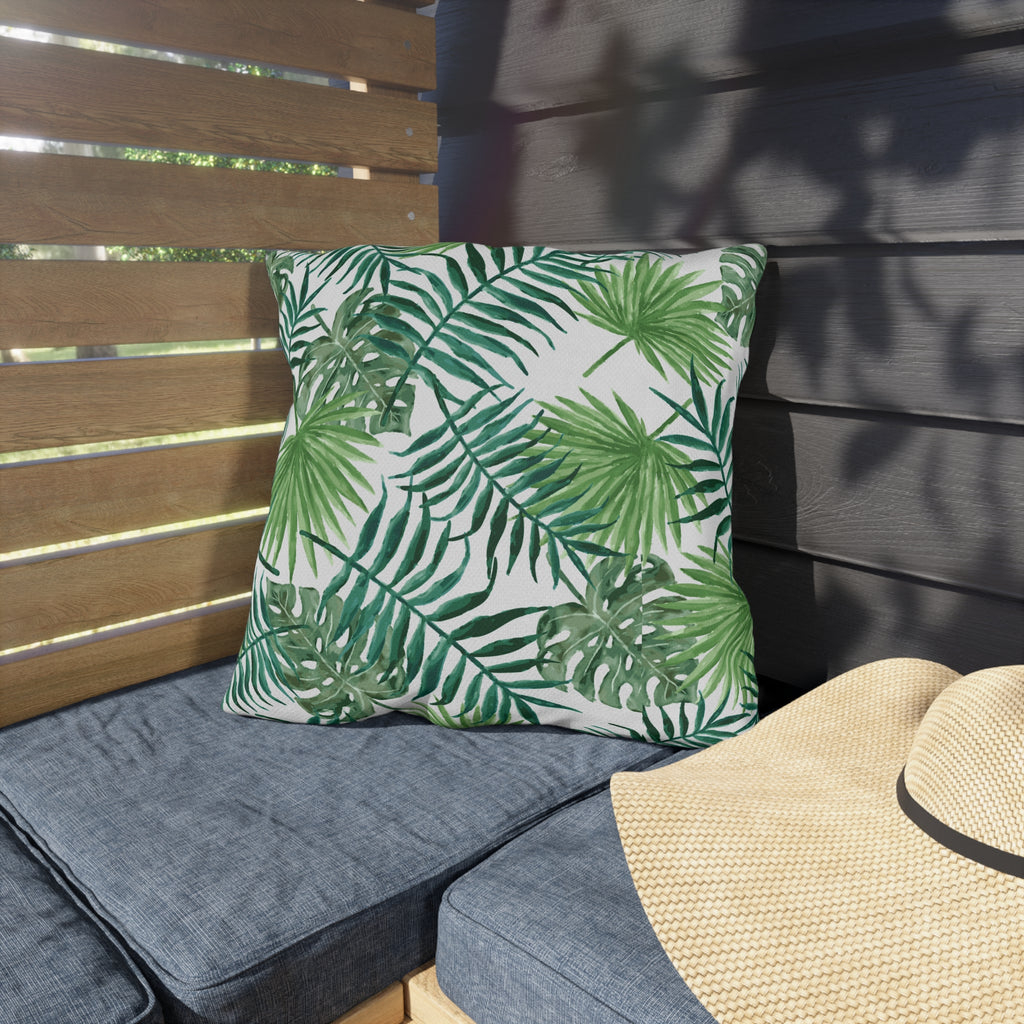 Tropical Palm Print Outdoor Pillow – Green Leaf & Striped Patio Cushion