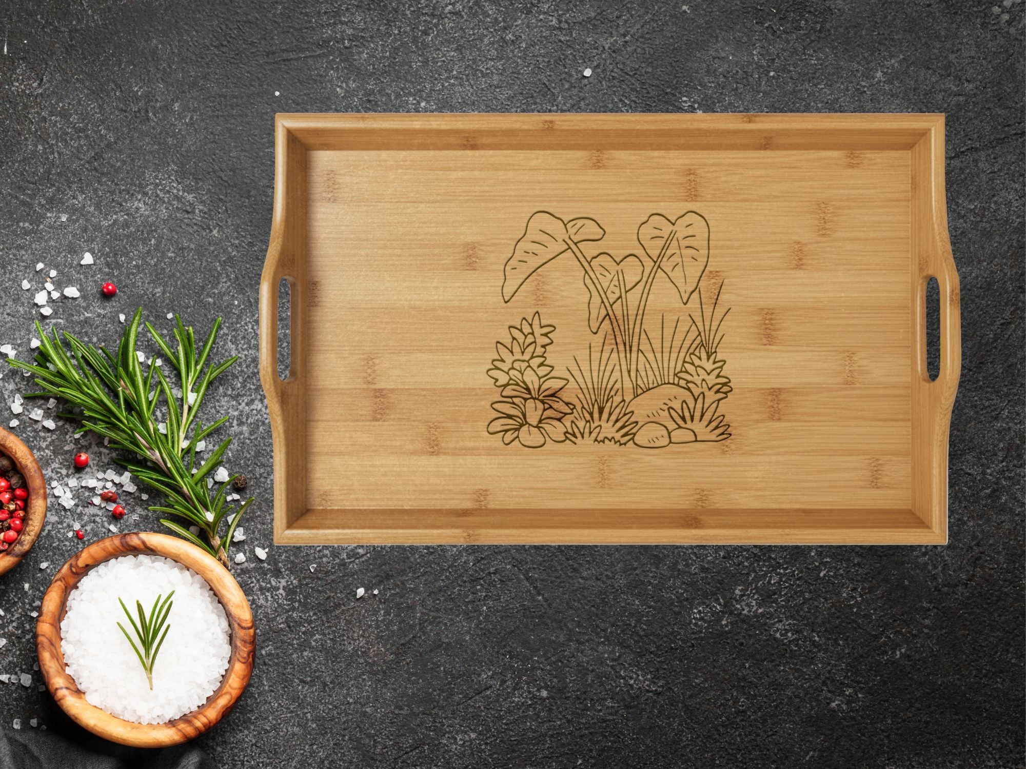 Engraved Bamboo Serving Tray — Heart Leaf Floral Design