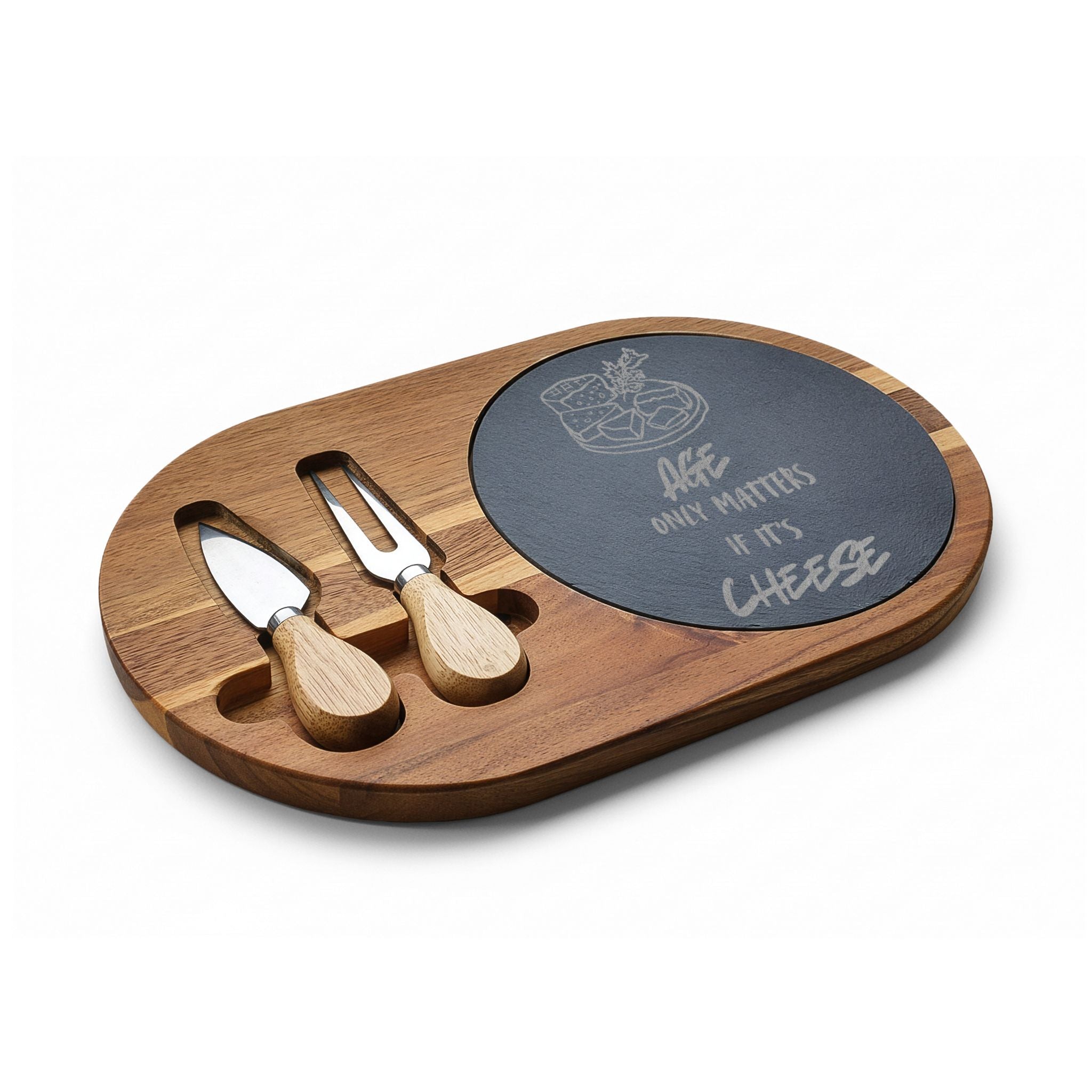 Engraved Acacia Charcuterie Board with Slate Round — "Age Only Matters If It’s Cheese"