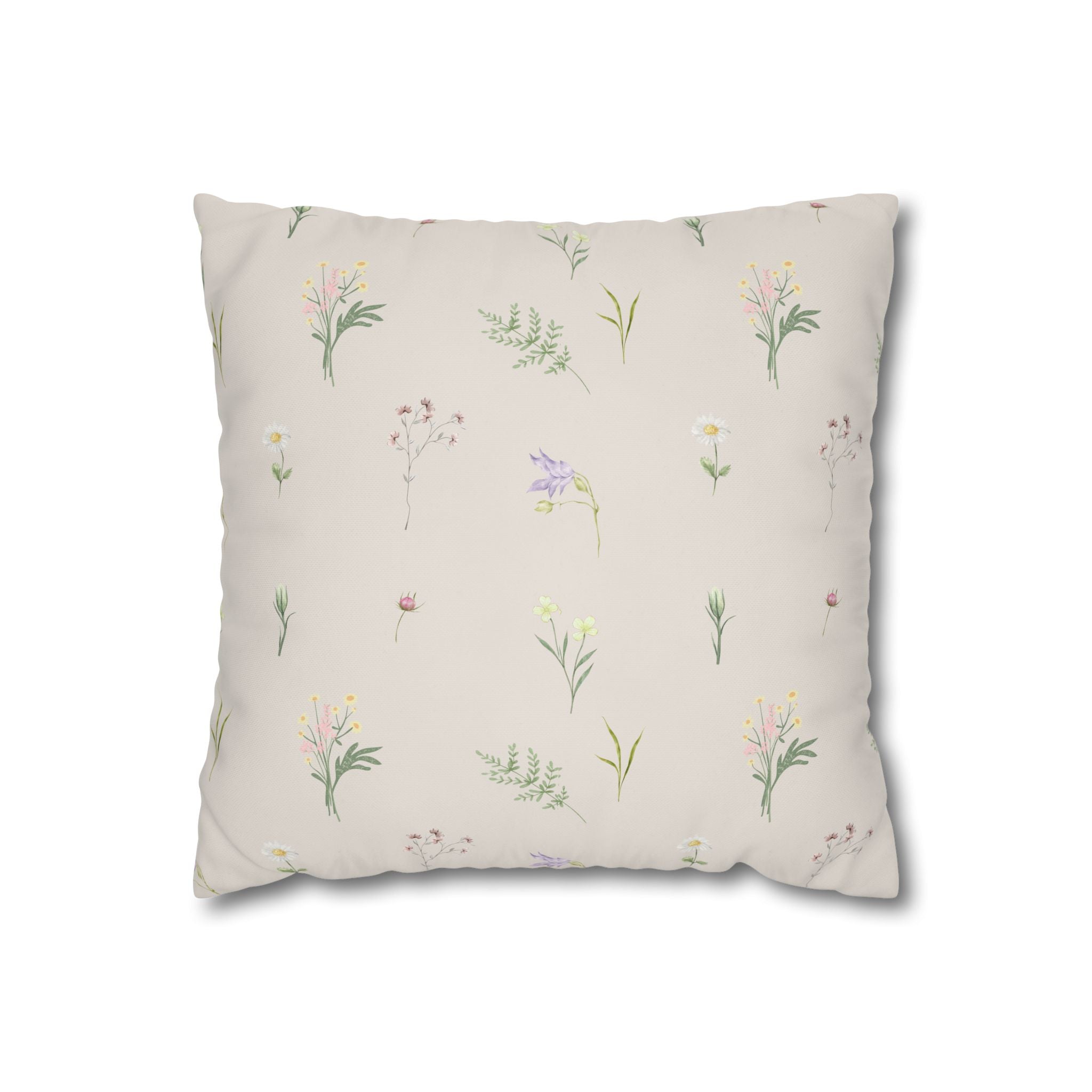 Cottage Wildflowers Square Poly Canvas Pillowcase — Floral Country Throw Pillow