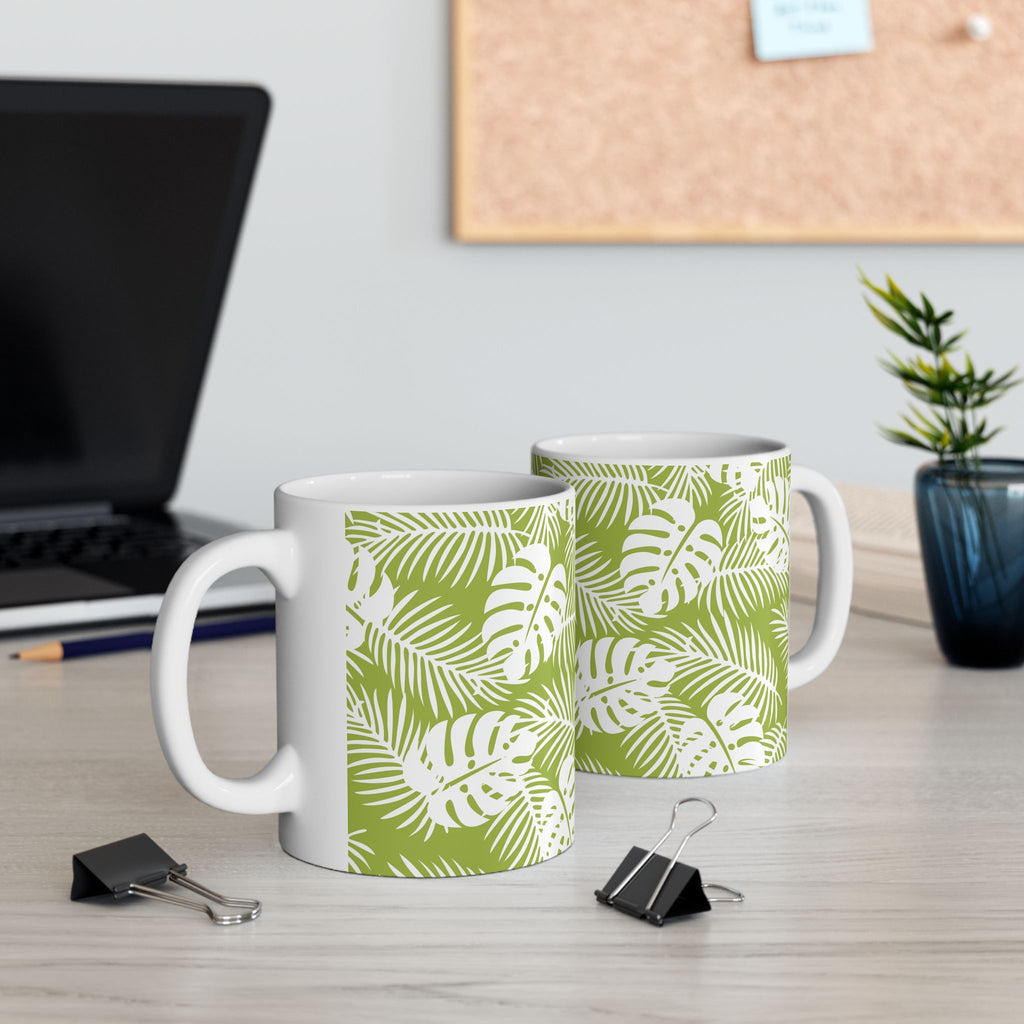Tropical Leaf Ceramic Mug — Green Monstera & Palm Pattern (11oz, 15oz)