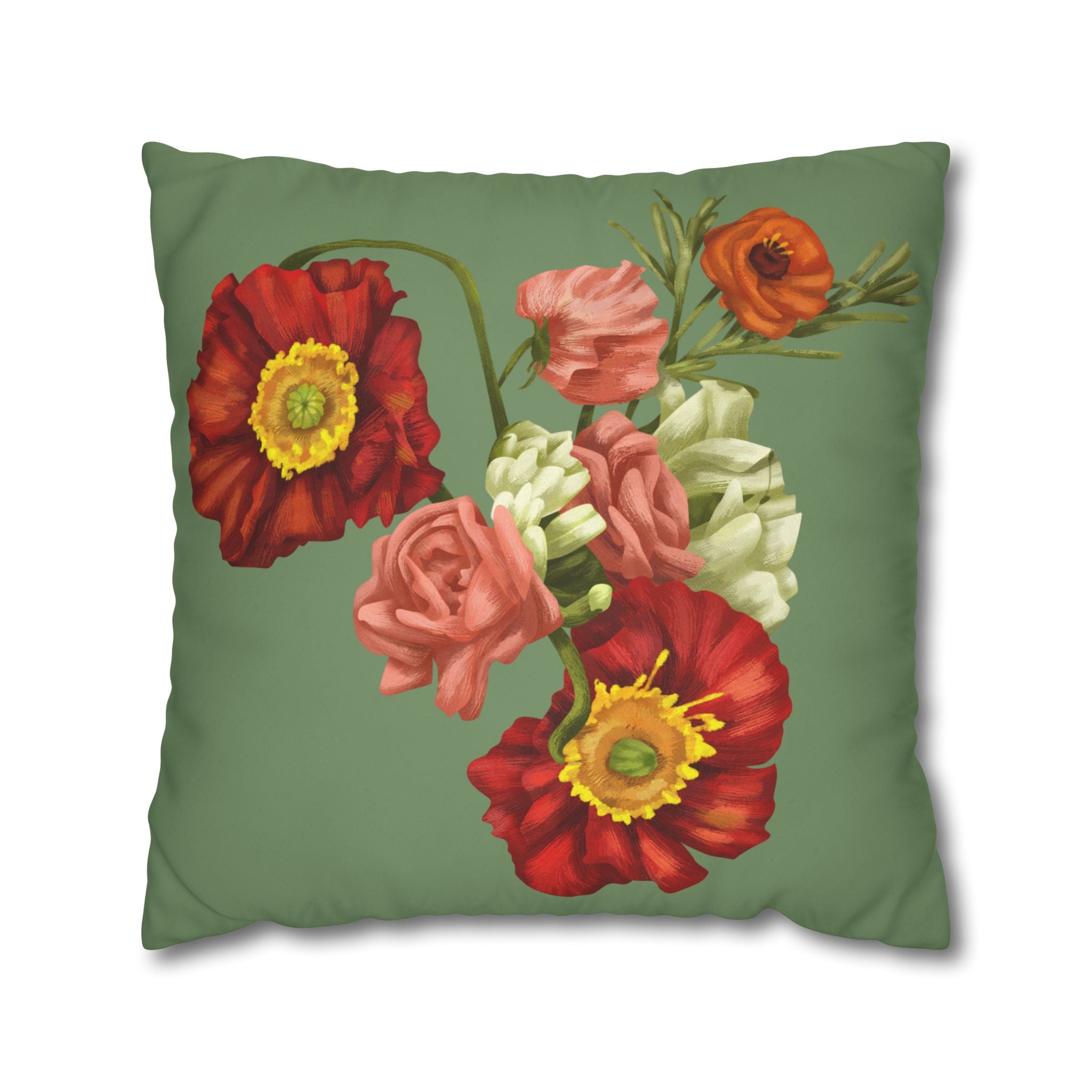 Botanical Poppies Floral Square Pillowcase — Green Floral Canvas Throw Pillow Cover