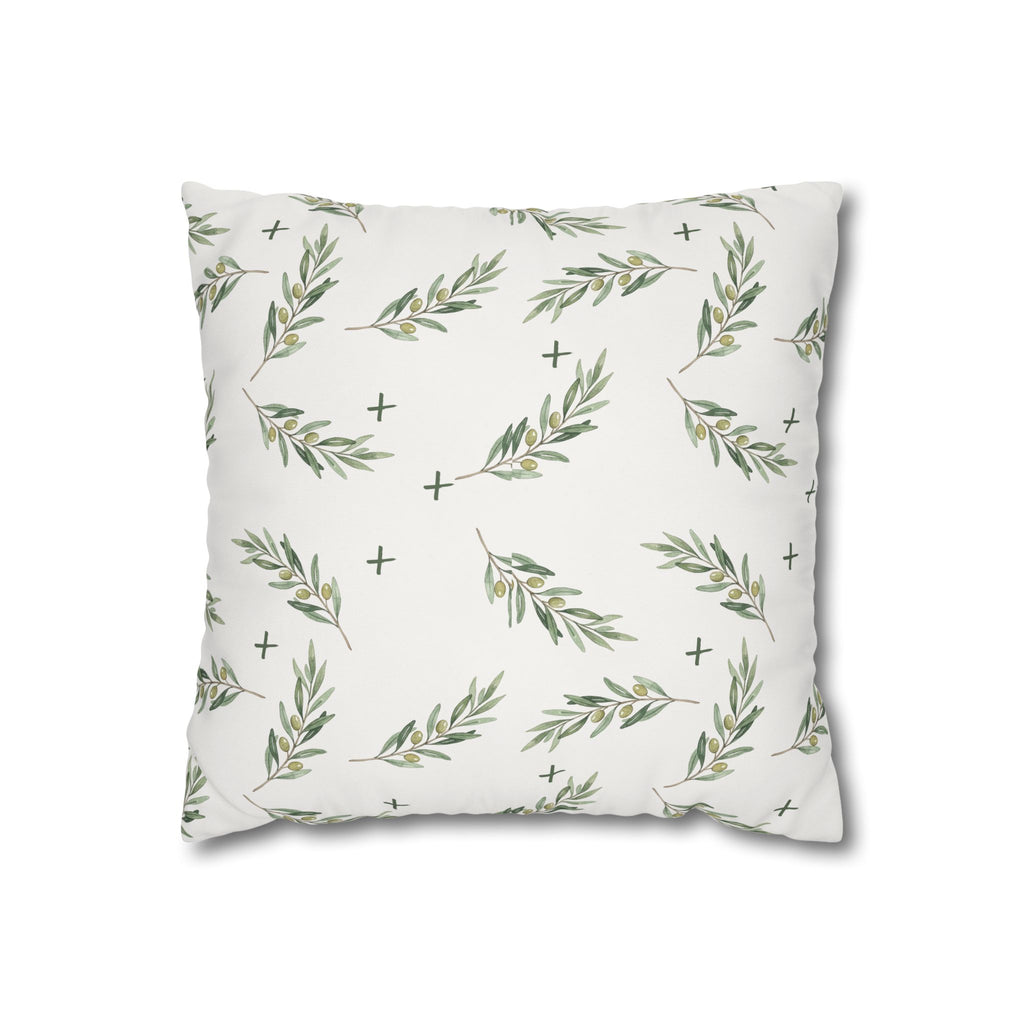 Botanical Olive Branch Square Pillowcase — Neutral Green Leaf Throw Pillow Cover