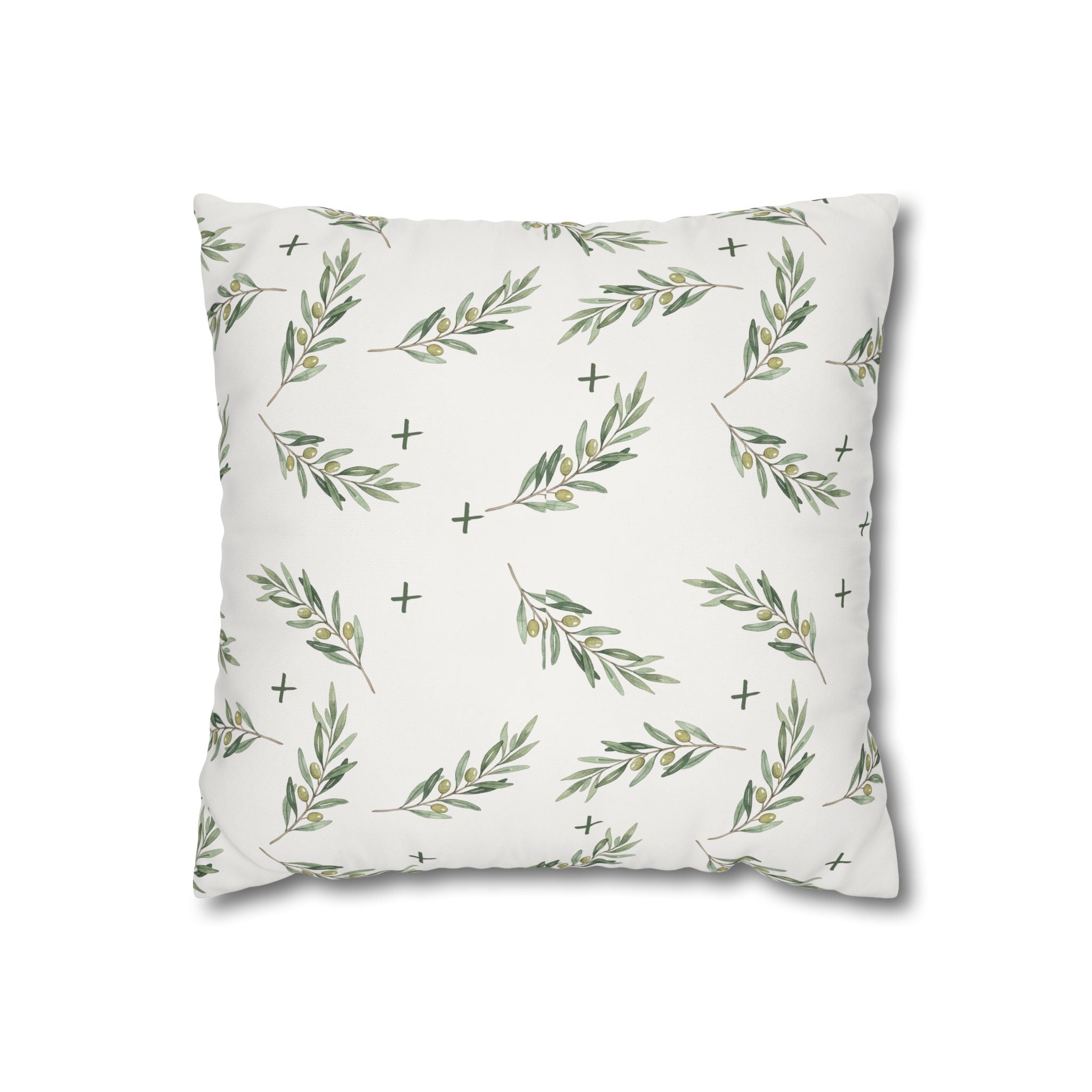 Botanical Olive Branch Square Pillowcase — Neutral Green Leaf Throw Pillow Cover