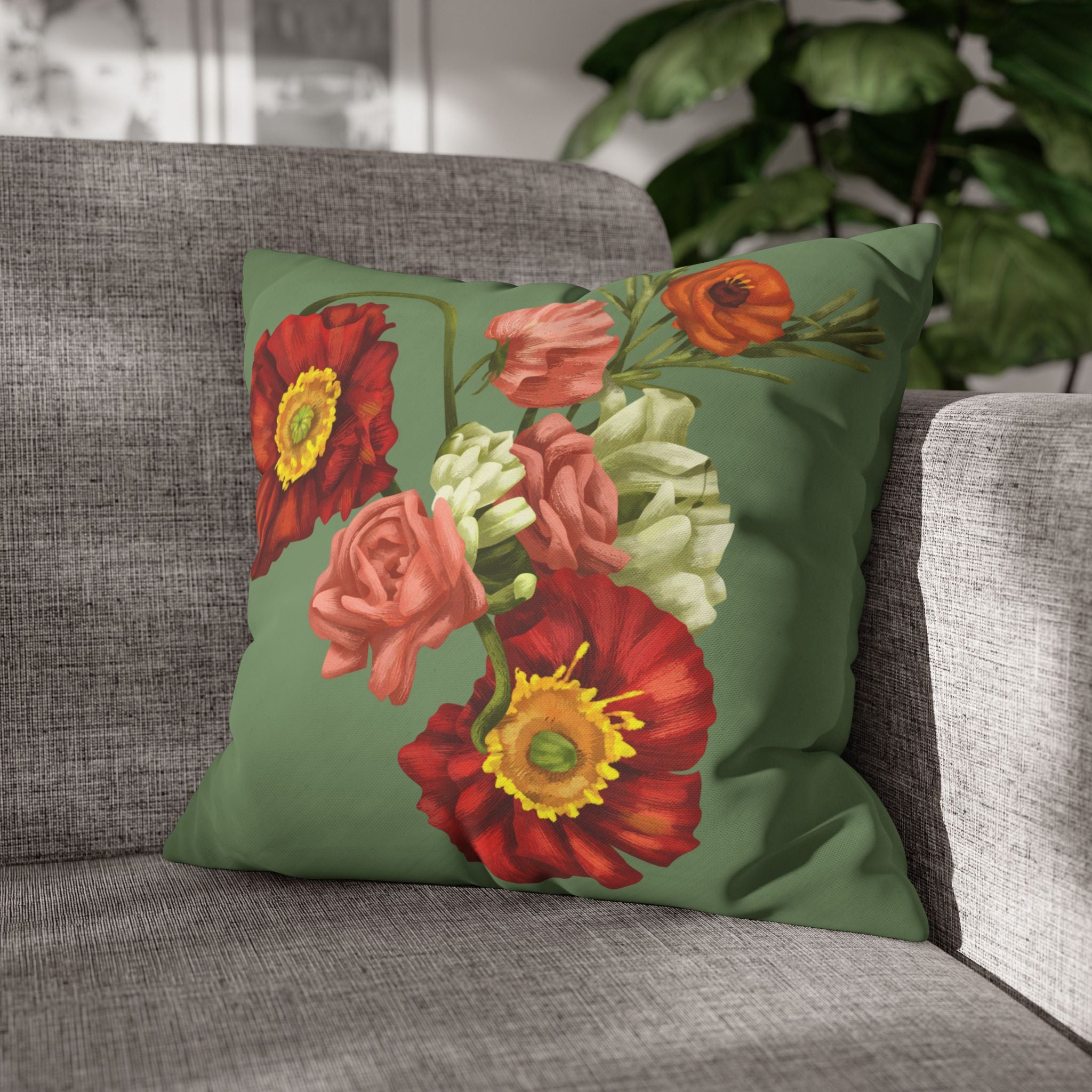 Botanical Poppies Floral Square Pillowcase — Green Floral Canvas Throw Pillow Cover