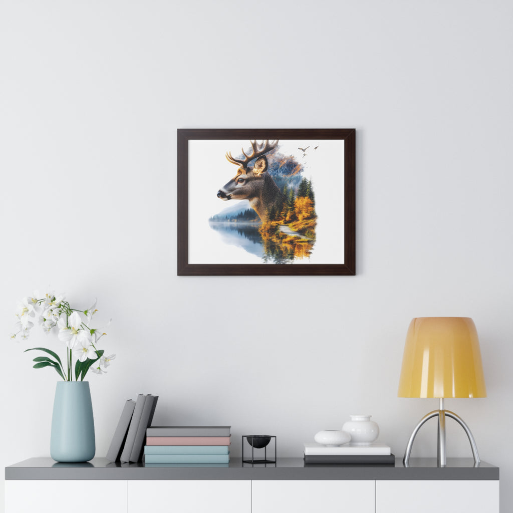 Double Exposure Deer & Forest Framed Poster — Wildlife Wall Art