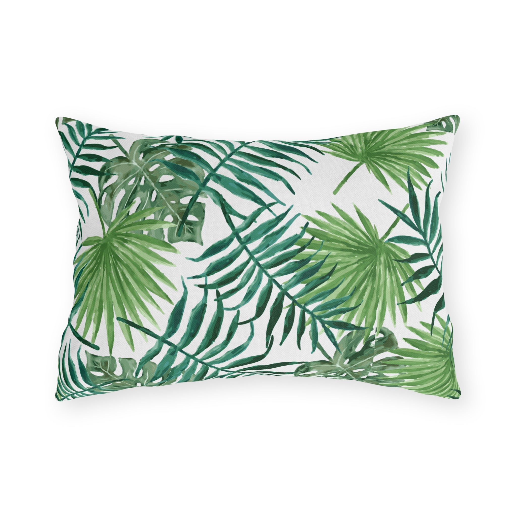 Tropical Palm Print Outdoor Pillow – Green Leaf & Striped Patio Cushion