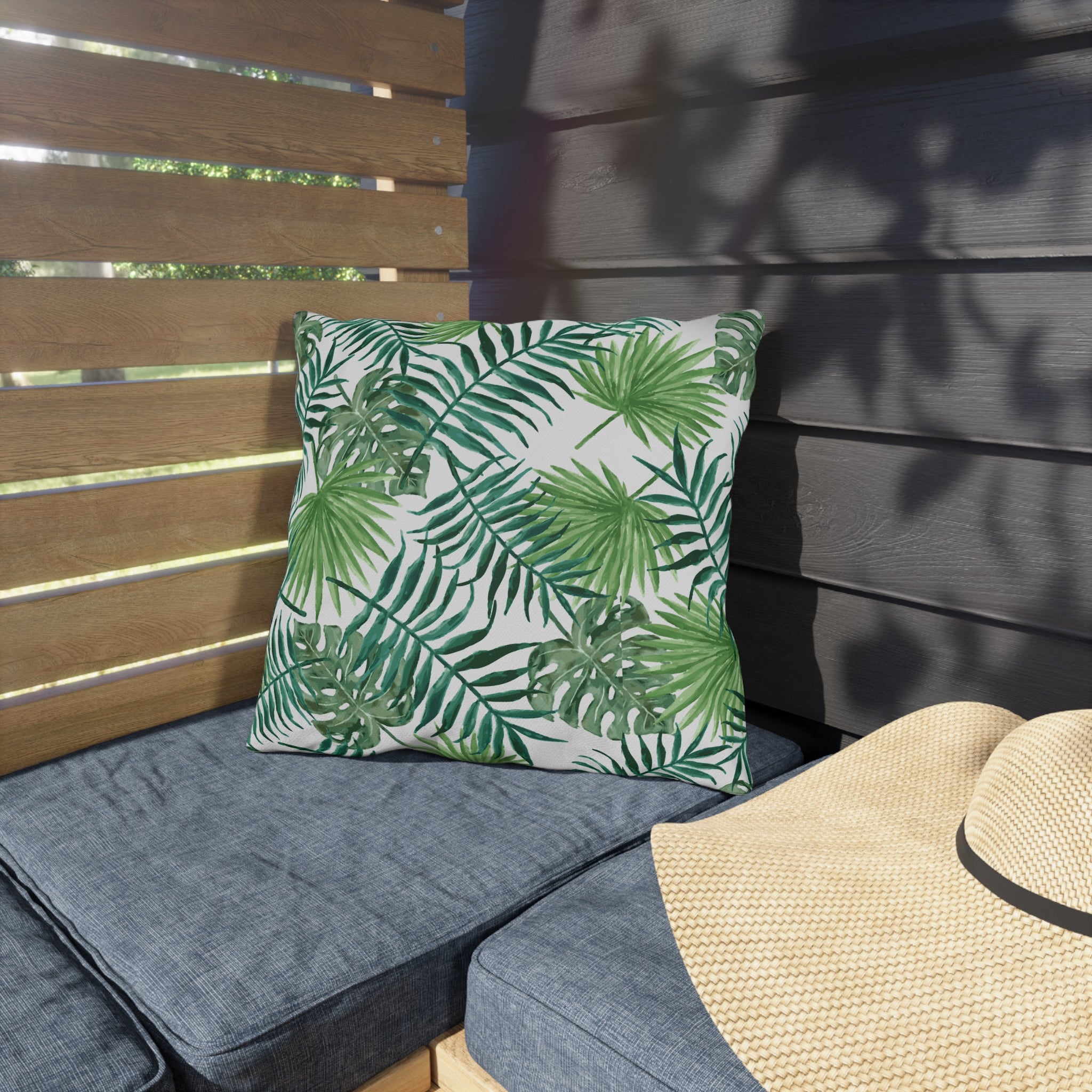 Tropical Palm Print Outdoor Pillow – Green Leaf & Striped Patio Cushion