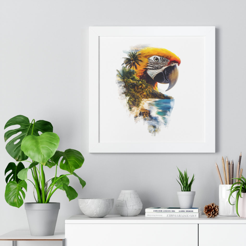 Framed Poster — Double Exposure Parrot & Tropical Island Print