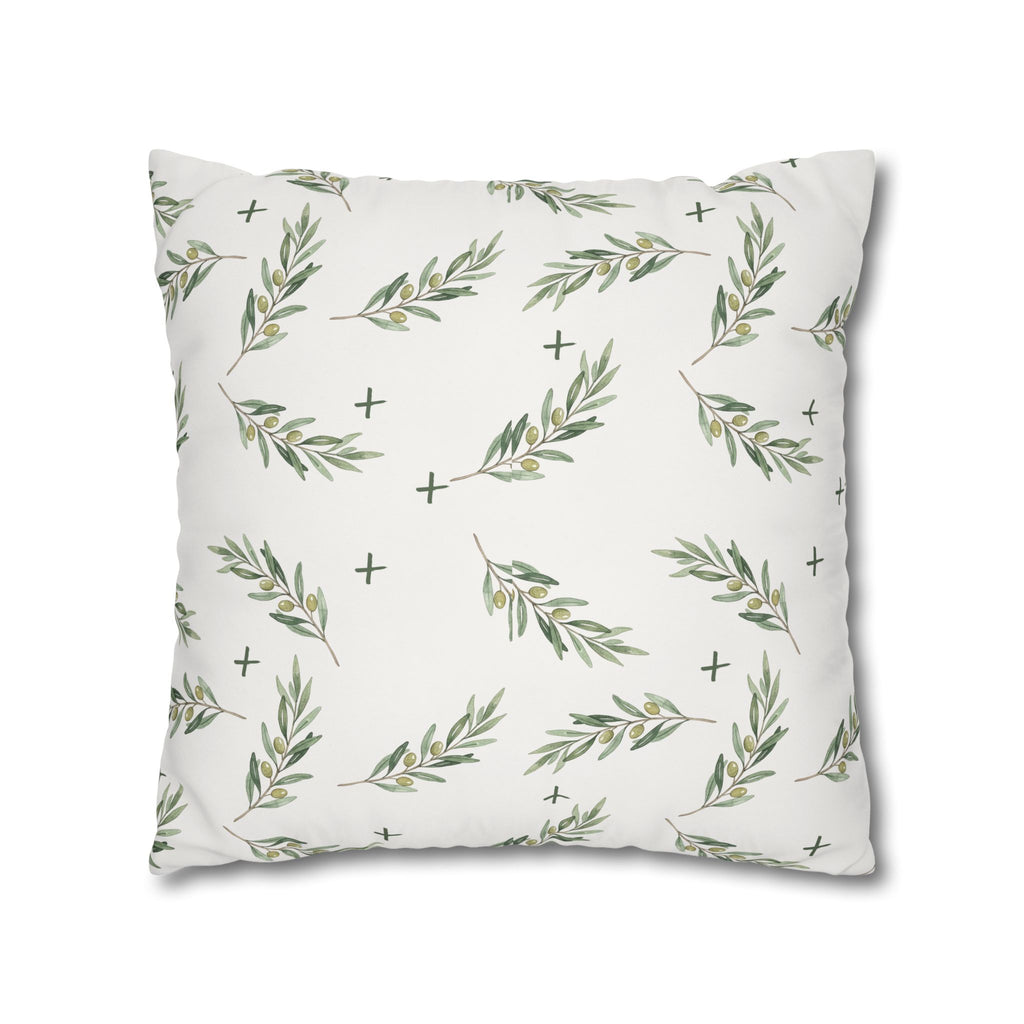 Botanical Olive Branch Square Pillowcase — Neutral Green Leaf Throw Pillow Cover