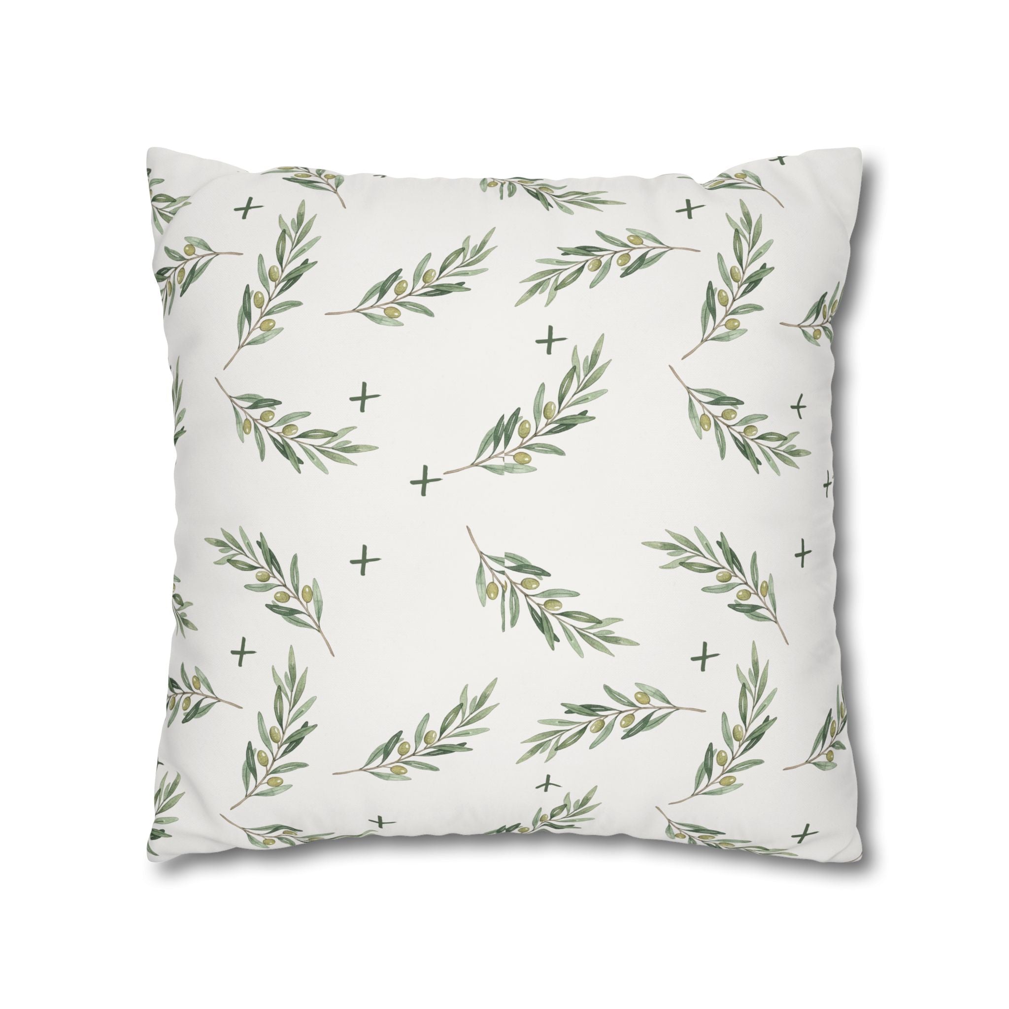 Botanical Olive Branch Square Pillowcase — Neutral Green Leaf Throw Pillow Cover