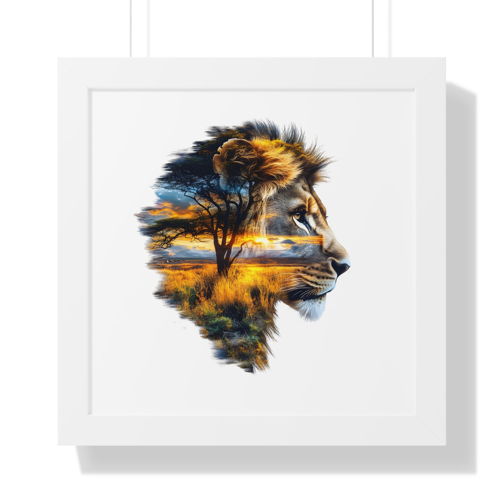 African Lion Double Exposure Framed Poster — Wildlife Art Print