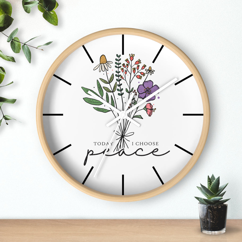 Floral "Today I Choose Peace" Wooden Wall Clock