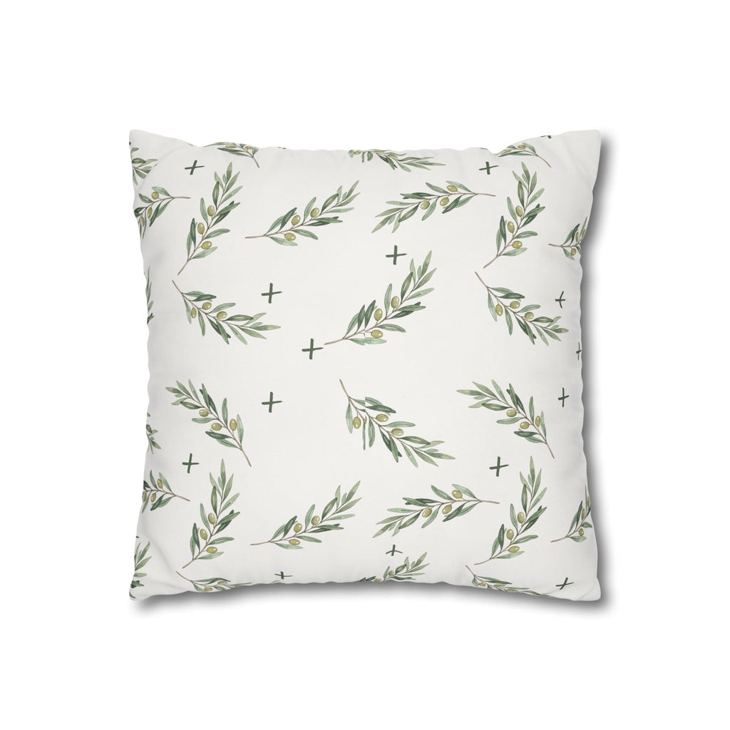 Botanical Olive Branch Square Pillowcase — Neutral Green Leaf Throw Pillow Cover