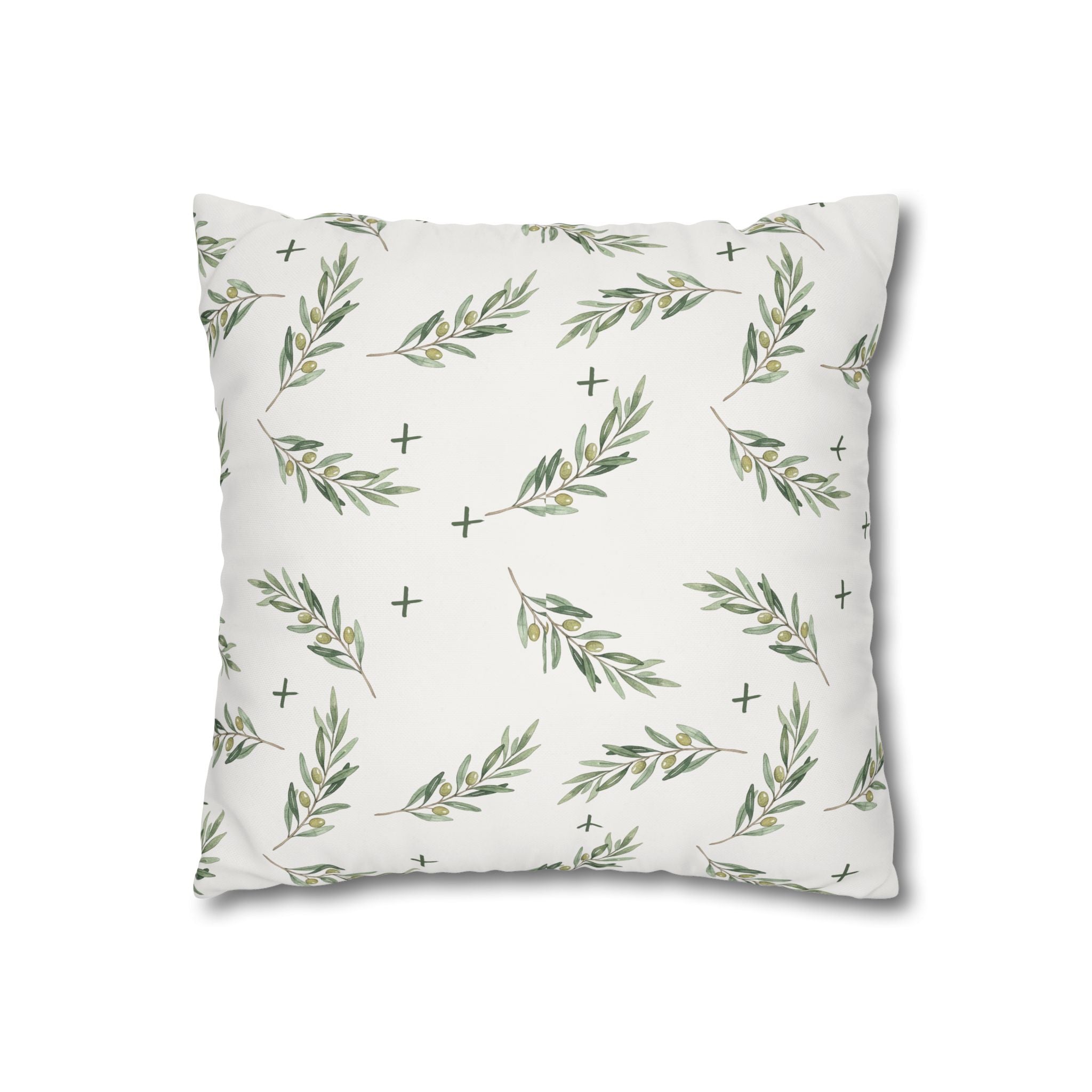 Botanical Olive Branch Square Pillowcase — Neutral Green Leaf Throw Pillow Cover