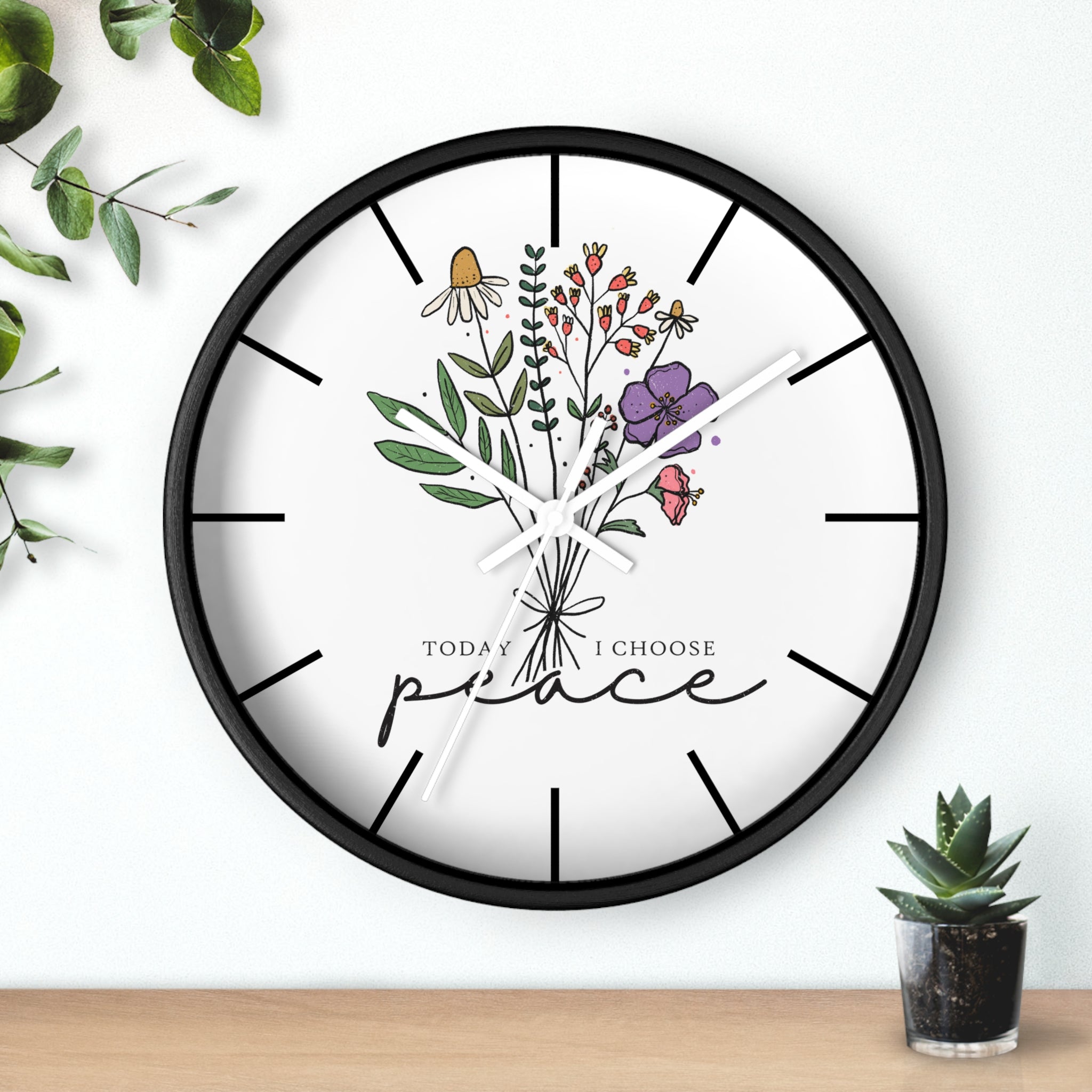 Floral "Today I Choose Peace" Wooden Wall Clock