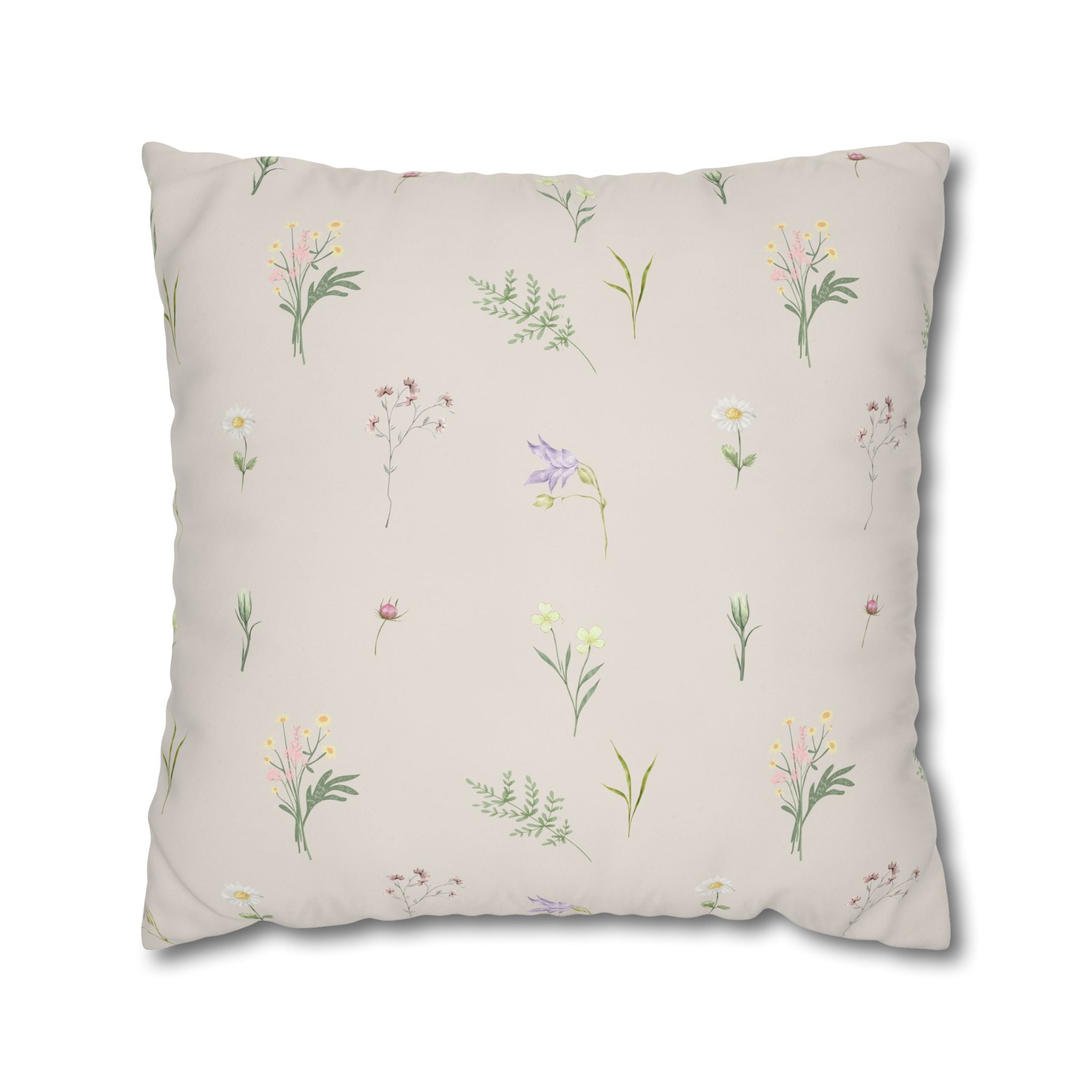 Cottage Wildflowers Square Poly Canvas Pillowcase — Floral Country Throw Pillow