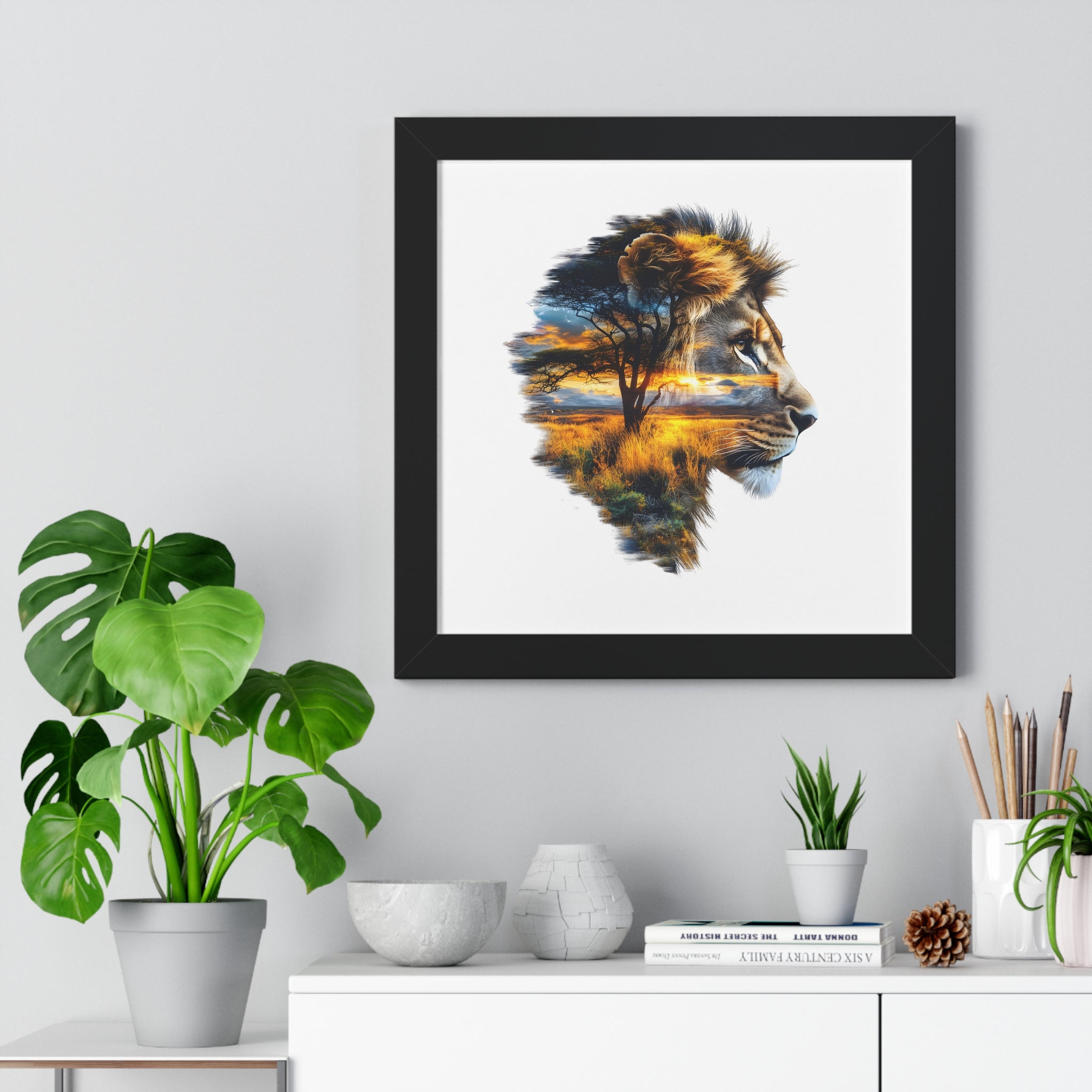 African Lion Double Exposure Framed Poster — Wildlife Art Print