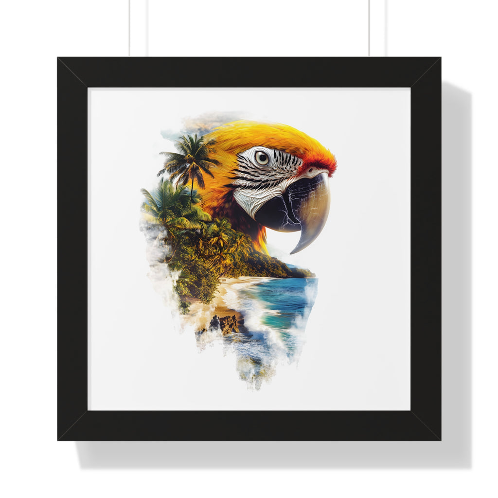 Framed Poster — Double Exposure Parrot & Tropical Island Print