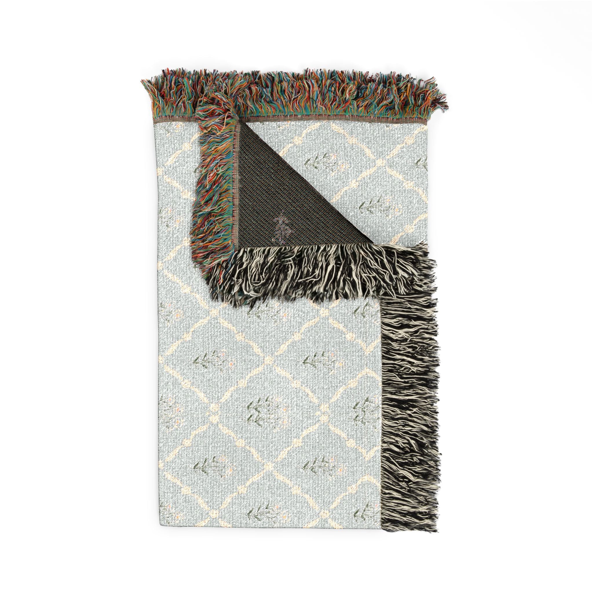 Woven Throw Blanket — Reversible Boho Diamond & Floral Pattern with Fringe